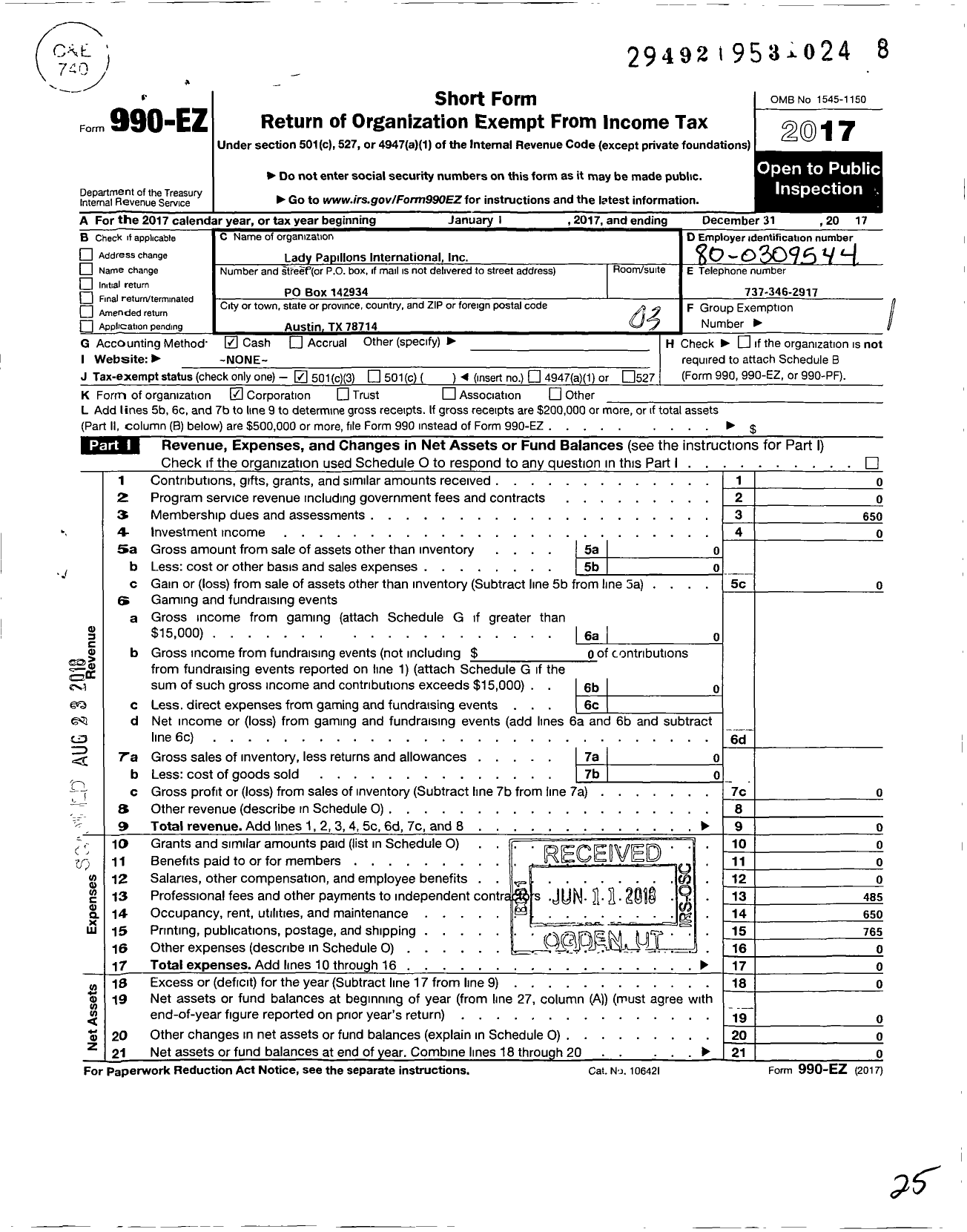 Image of first page of 2017 Form 990EZ for Lady Papillons International