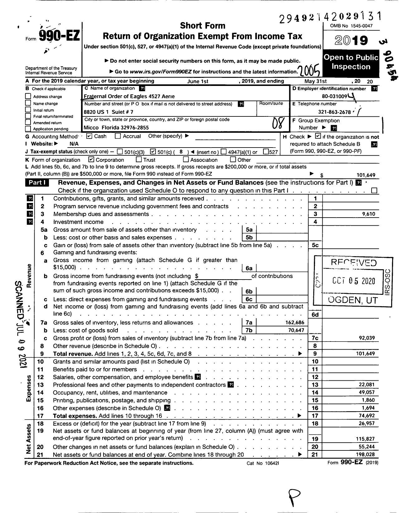 Image of first page of 2019 Form 990EO for Fraternal Order of Eagles - Fraternal Order of Eagles 4527 Aerie