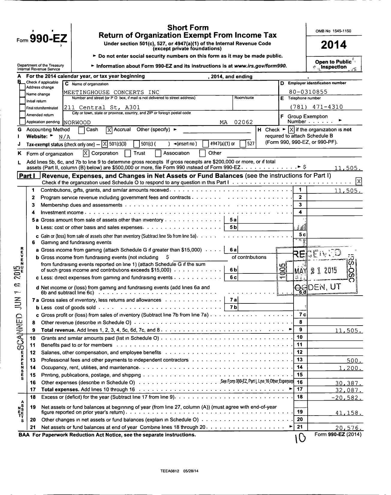 Image of first page of 2014 Form 990EZ for Meetinghouse Concerts