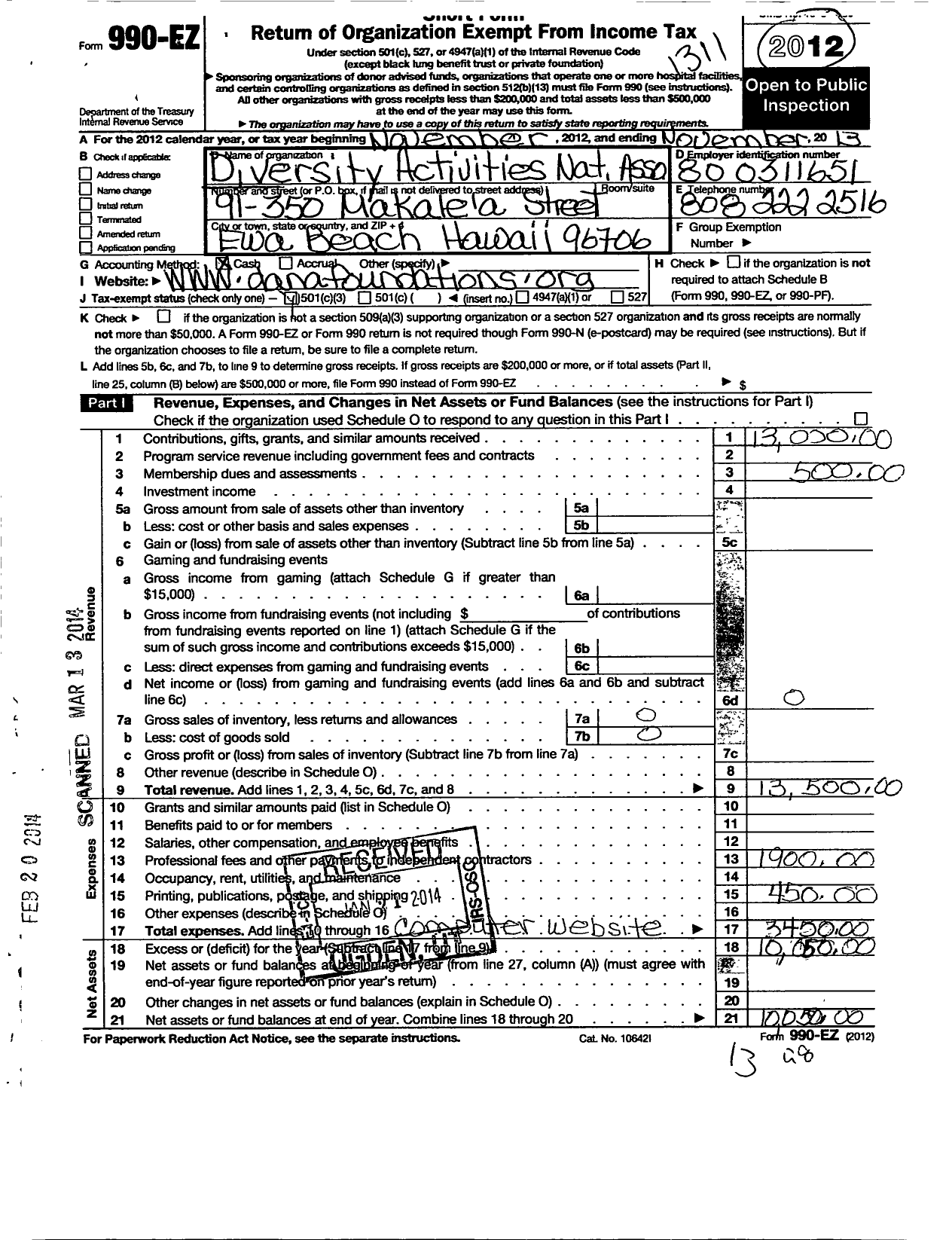 Image of first page of 2012 Form 990EZ for Diversity Activities National Association