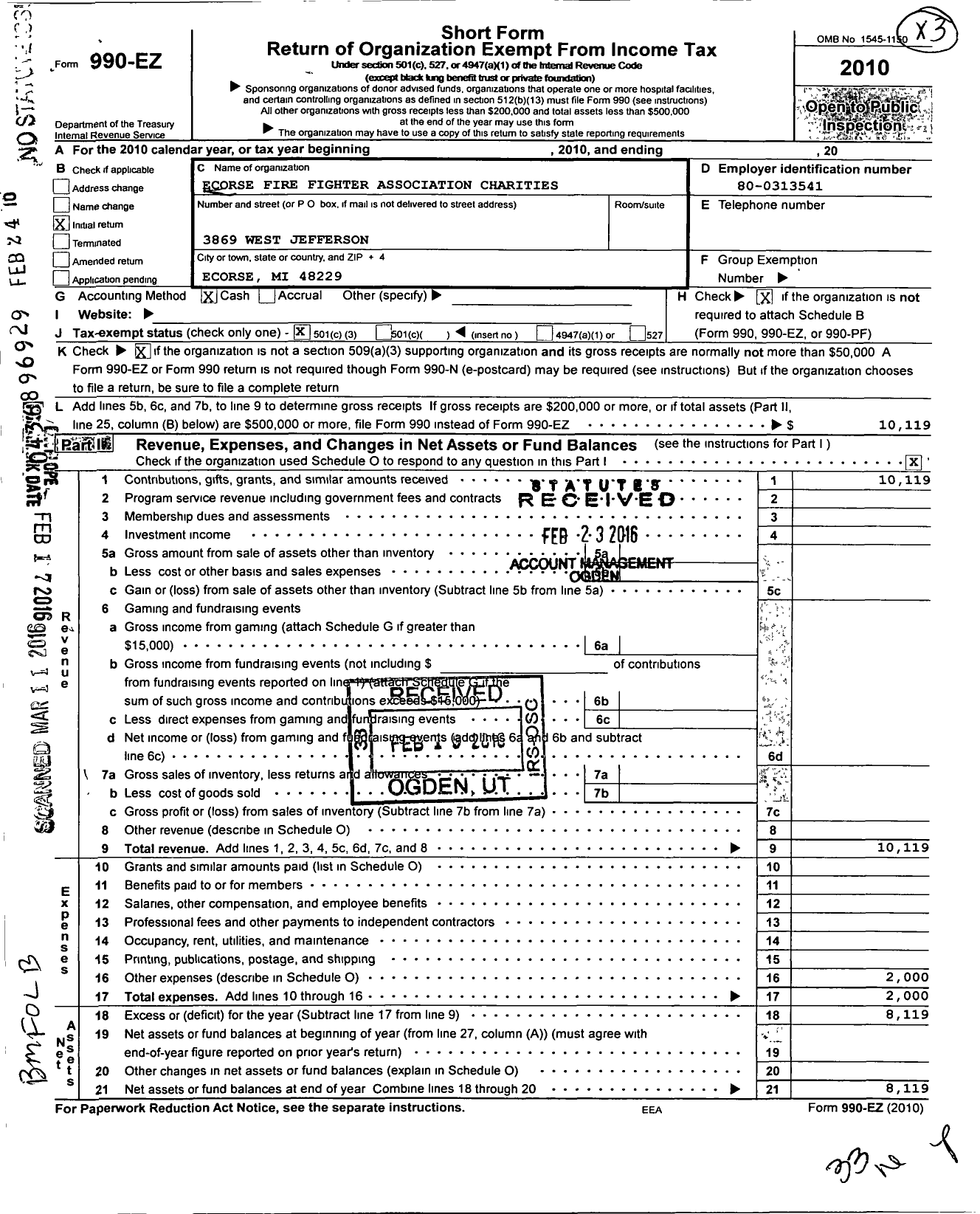 Image of first page of 2010 Form 990EZ for Ecorse Firefighter Association Charities