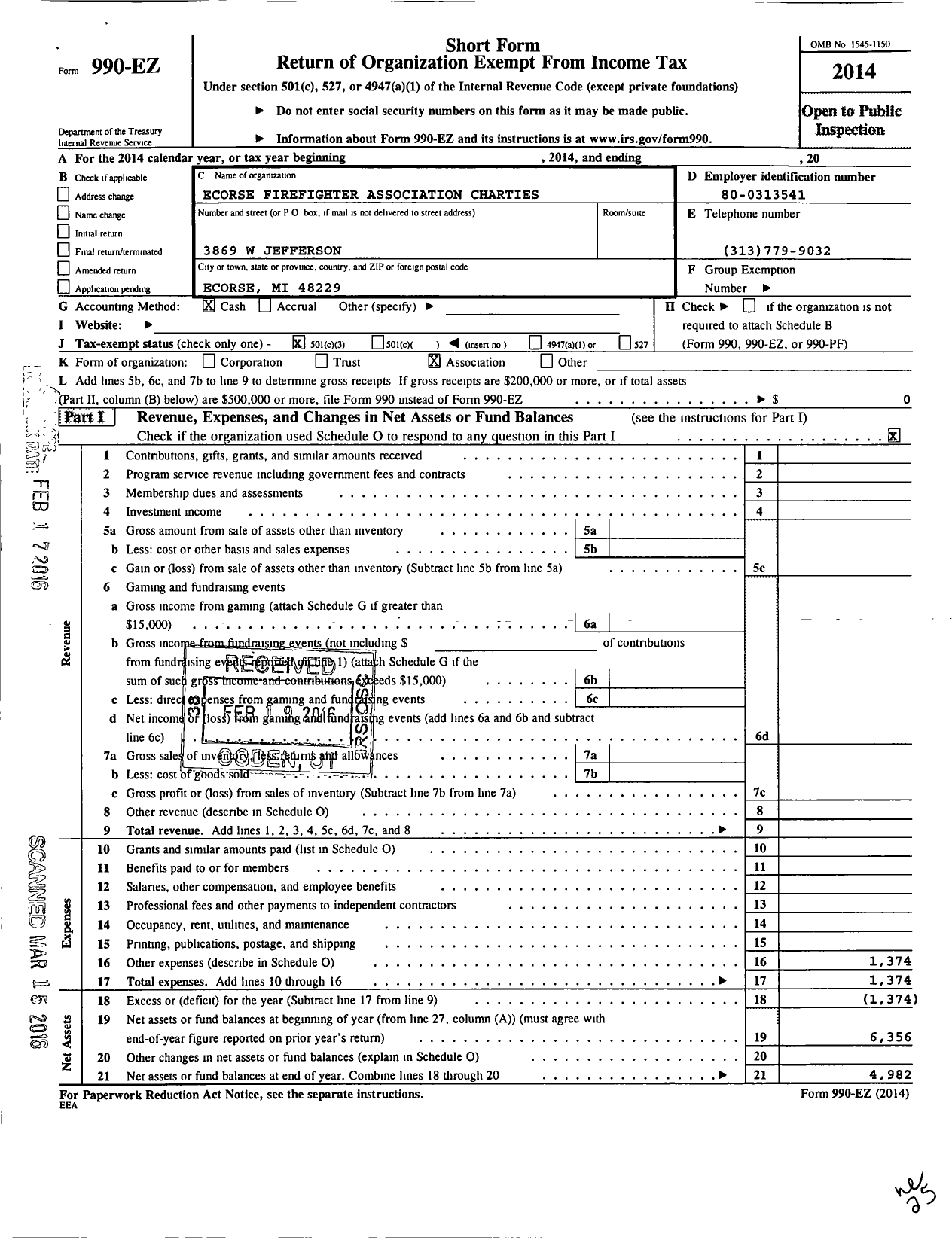 Image of first page of 2014 Form 990EZ for Ecorse Firefighter Association Charities