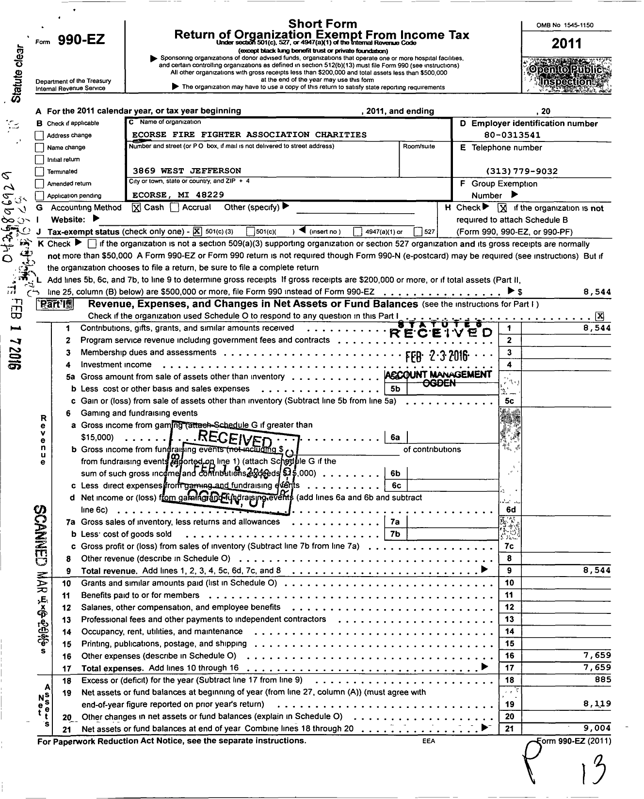 Image of first page of 2011 Form 990EZ for Ecorse Firefighter Association Charities