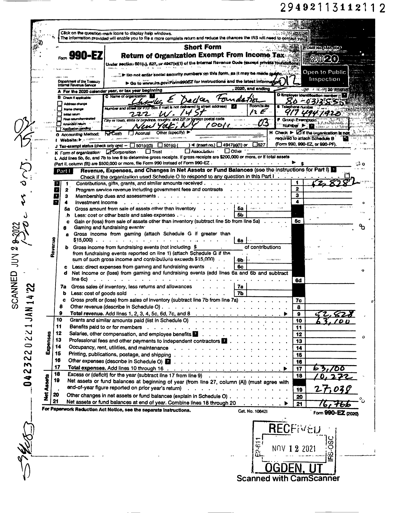 Image of first page of 2020 Form 990EZ for Charles E Decker Foundation