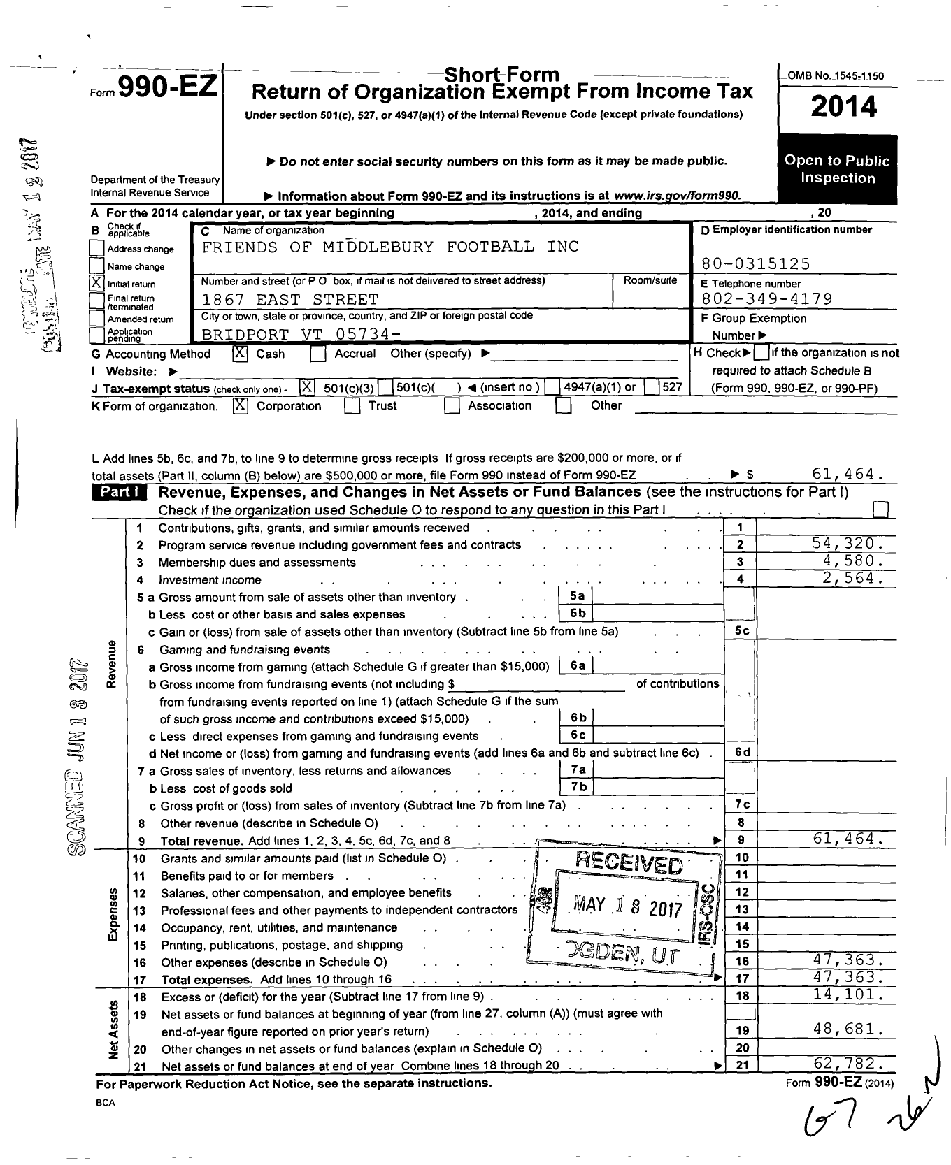 Image of first page of 2014 Form 990EZ for Friends of Middlebury Football