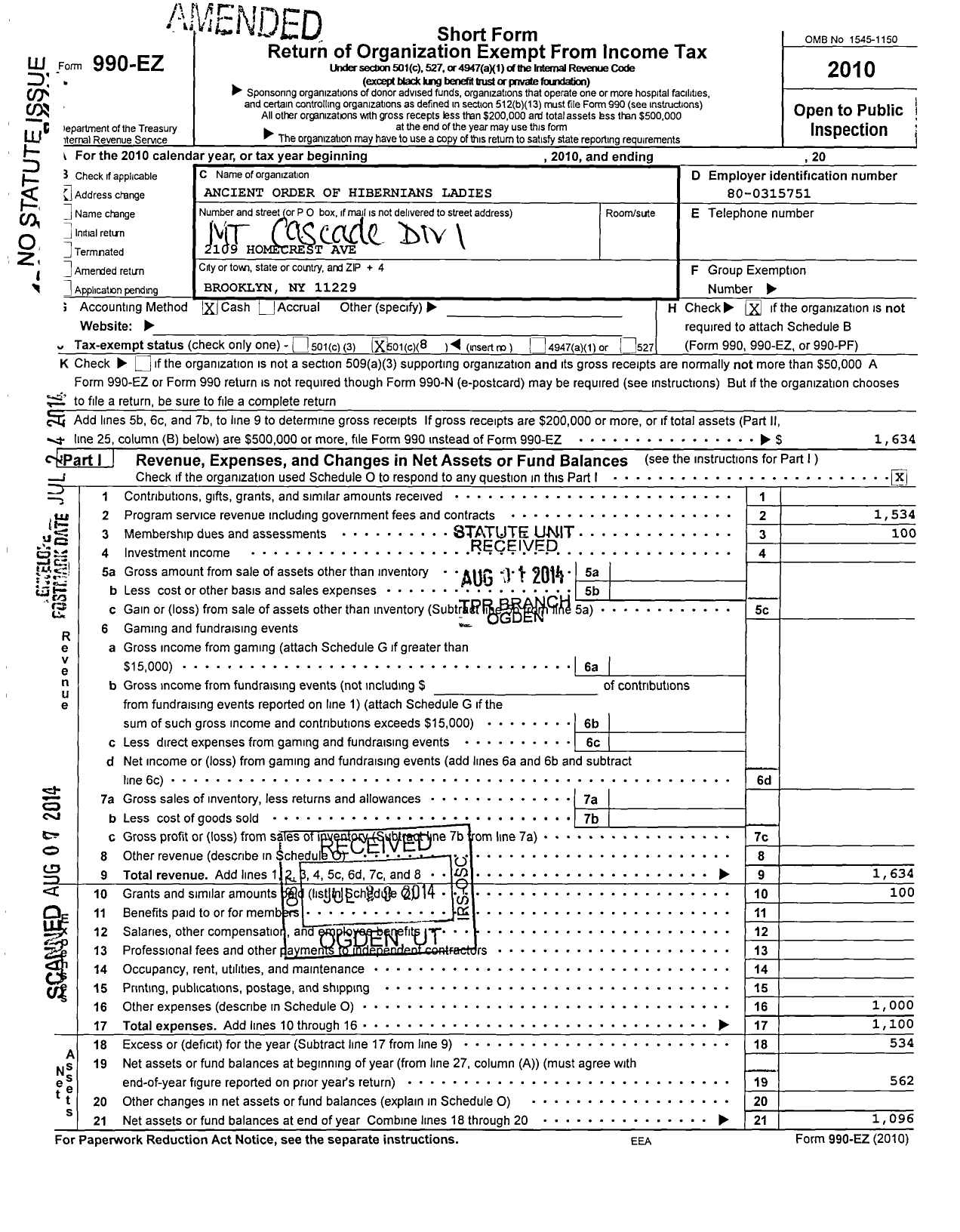 Image of first page of 2010 Form 990EO for Ancient Order of Hibernians Ladies