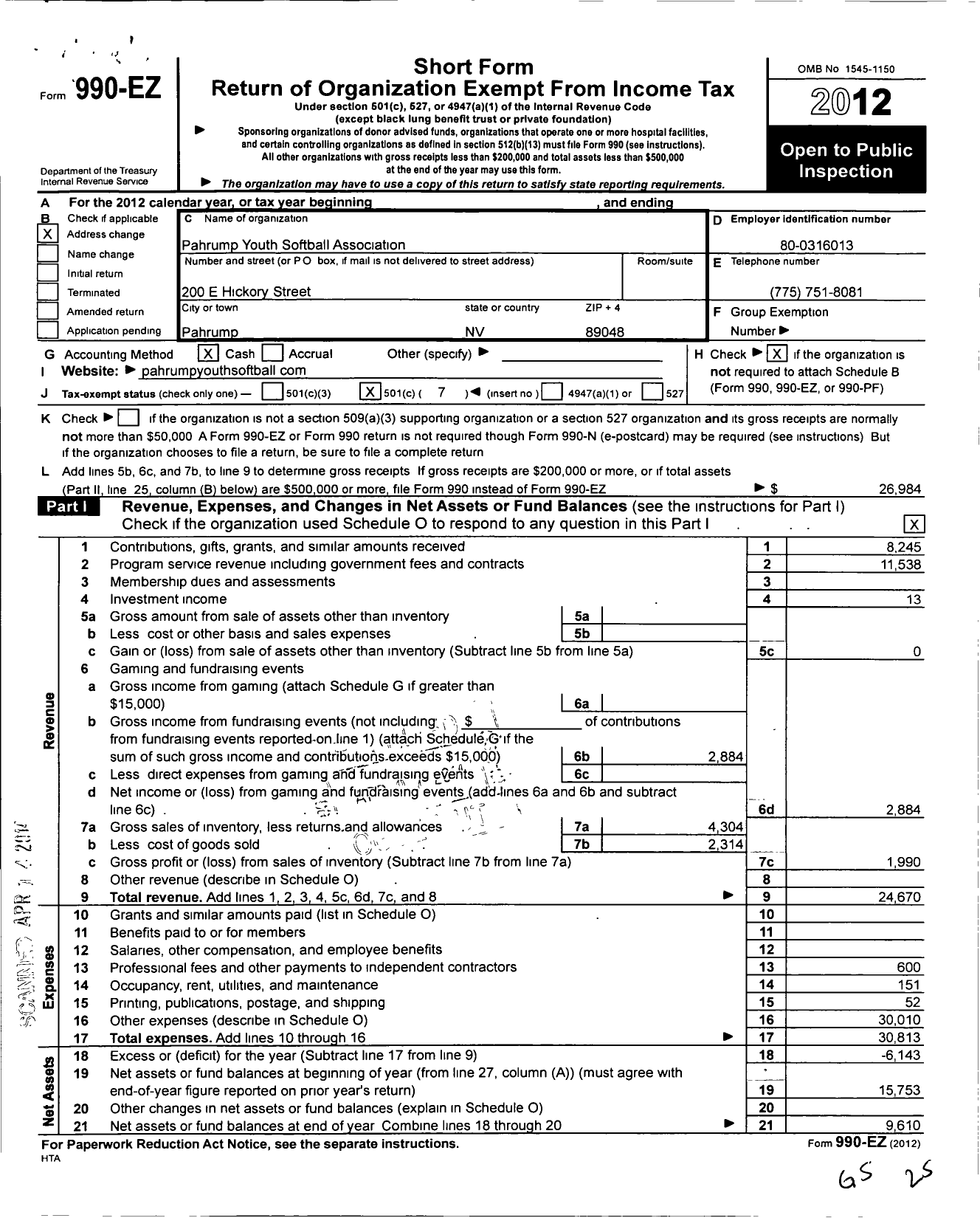 Image of first page of 2012 Form 990EO for Pahrump Youth Softball Association