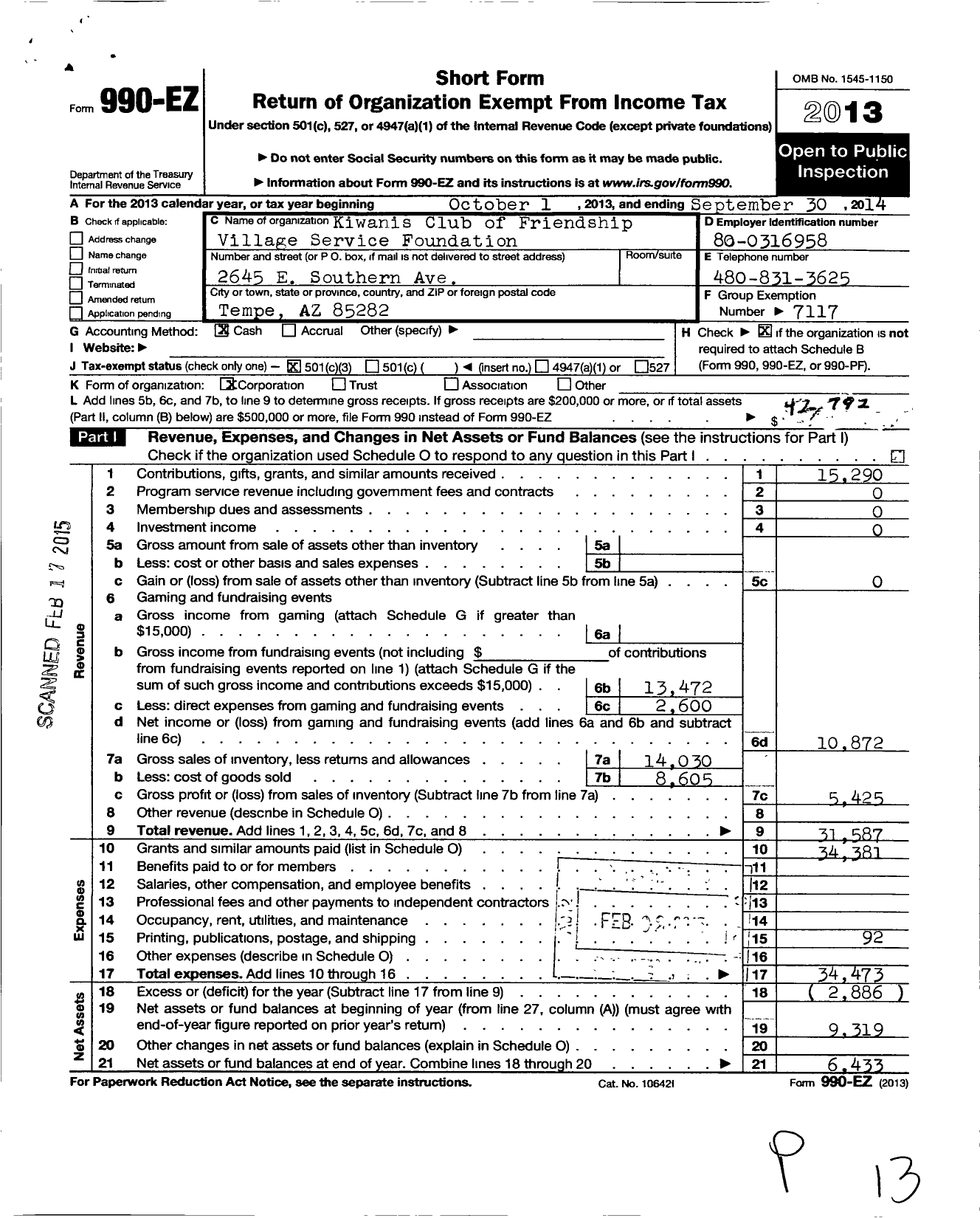 Image of first page of 2013 Form 990EZ for Southwest District Kiwanis Foundation / Friendship Village Service FDN