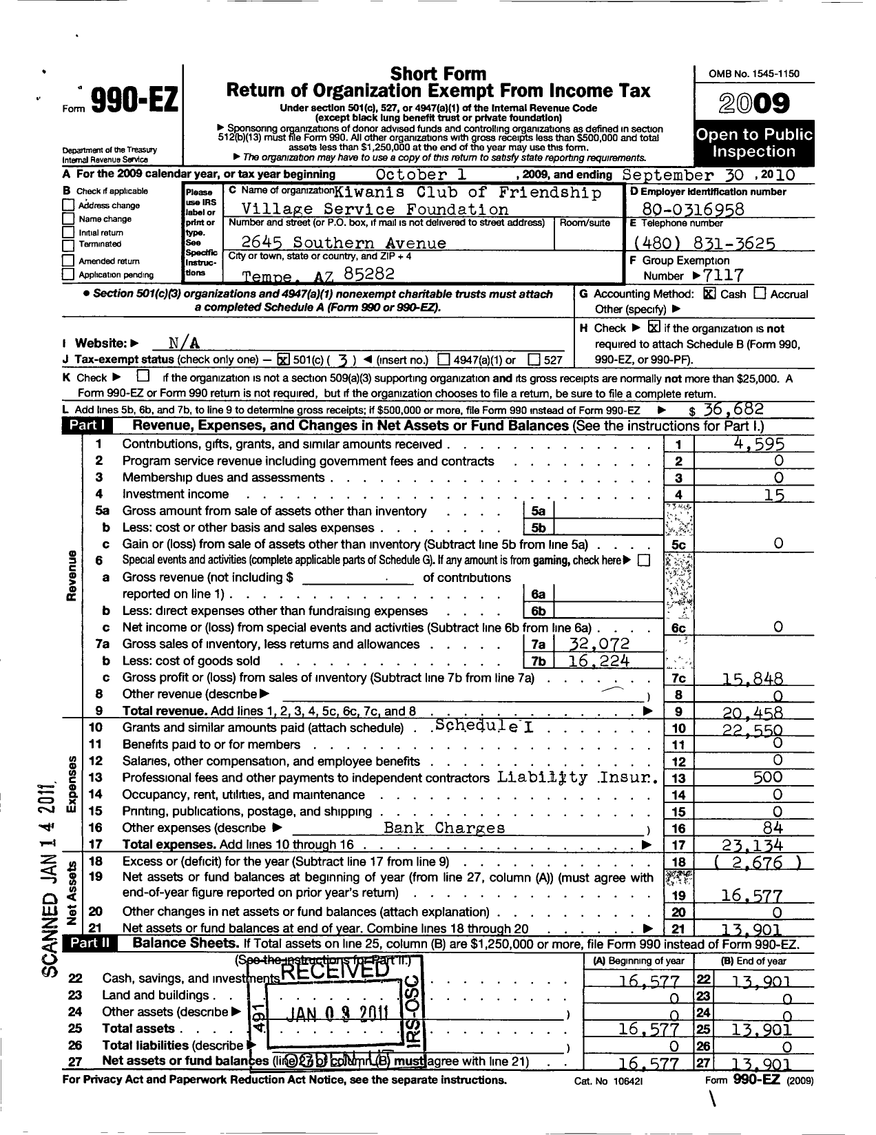 Image of first page of 2009 Form 990EZ for Southwest District Kiwanis Foundation / Friendship Village Service FDN