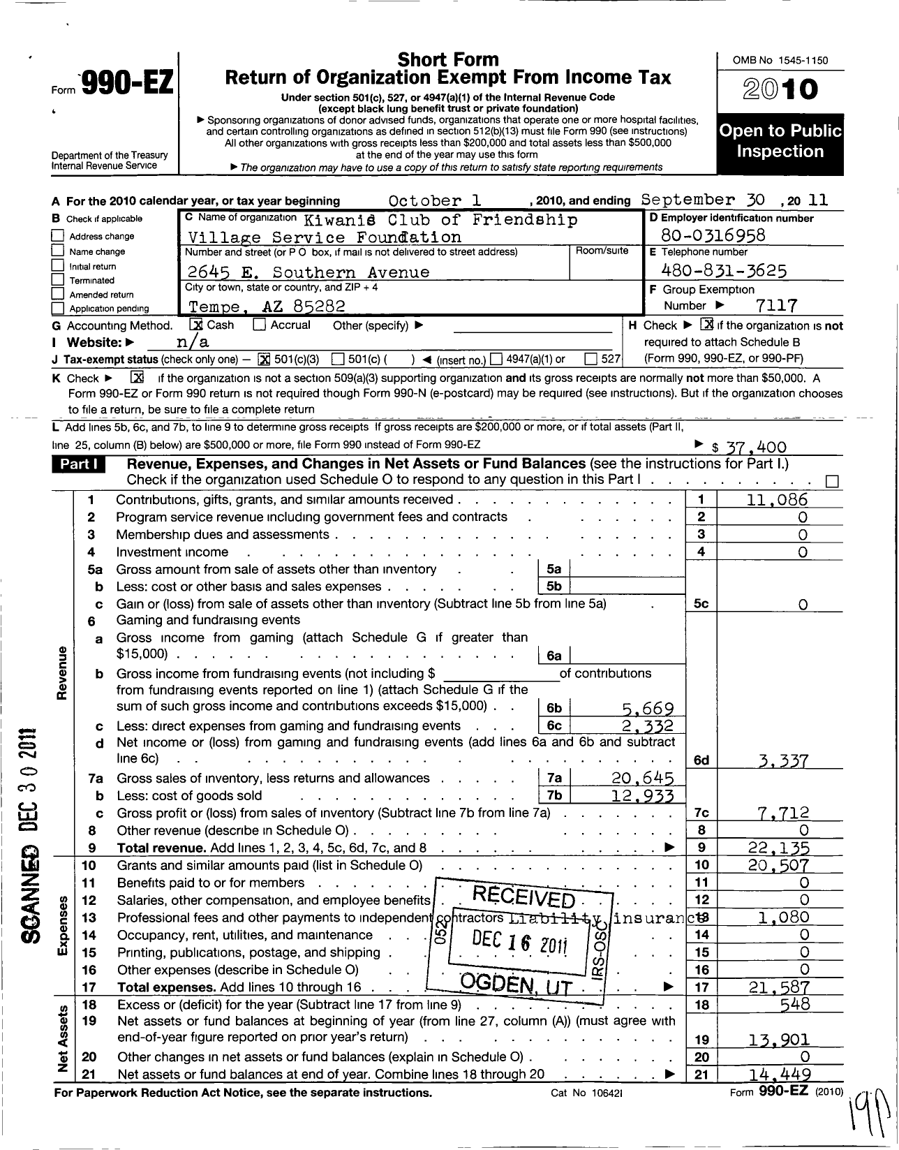 Image of first page of 2010 Form 990EZ for Southwest District Kiwanis Foundation / Friendship Village Service FDN