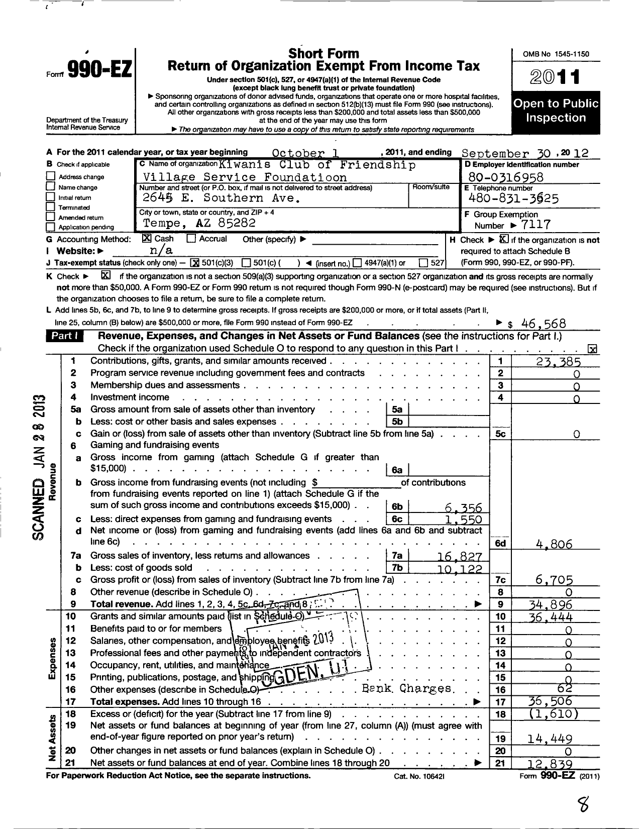 Image of first page of 2011 Form 990EZ for Southwest District Kiwanis Foundation / Friendship Village Service FDN