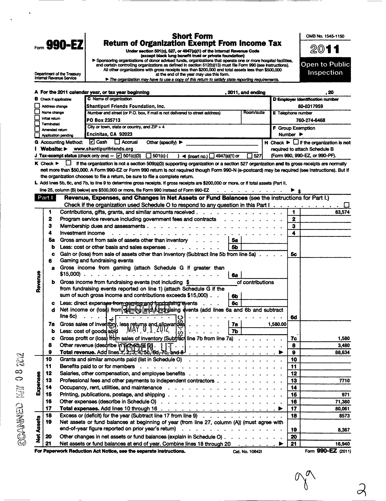 Image of first page of 2011 Form 990EZ for Shantipuri Friends Foundation