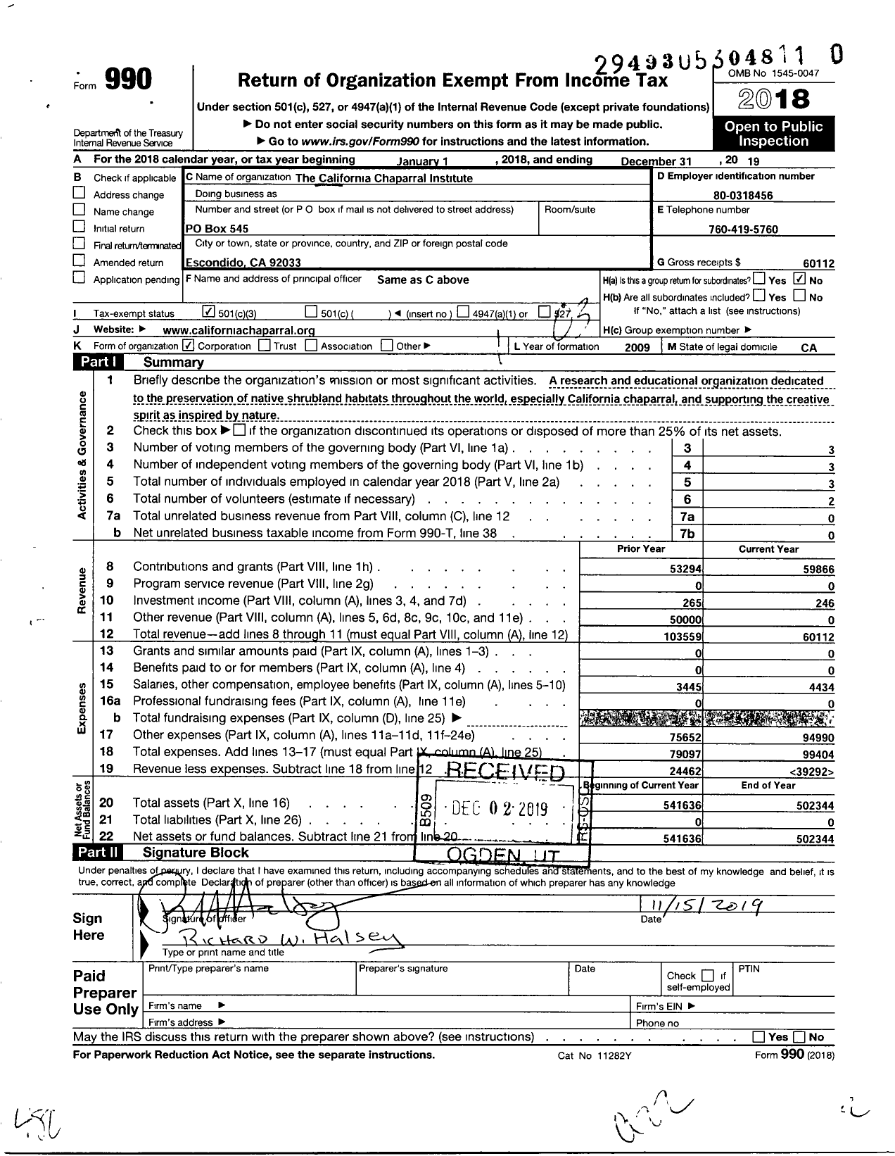 Image of first page of 2019 Form 990 for The California Chaparral Institute