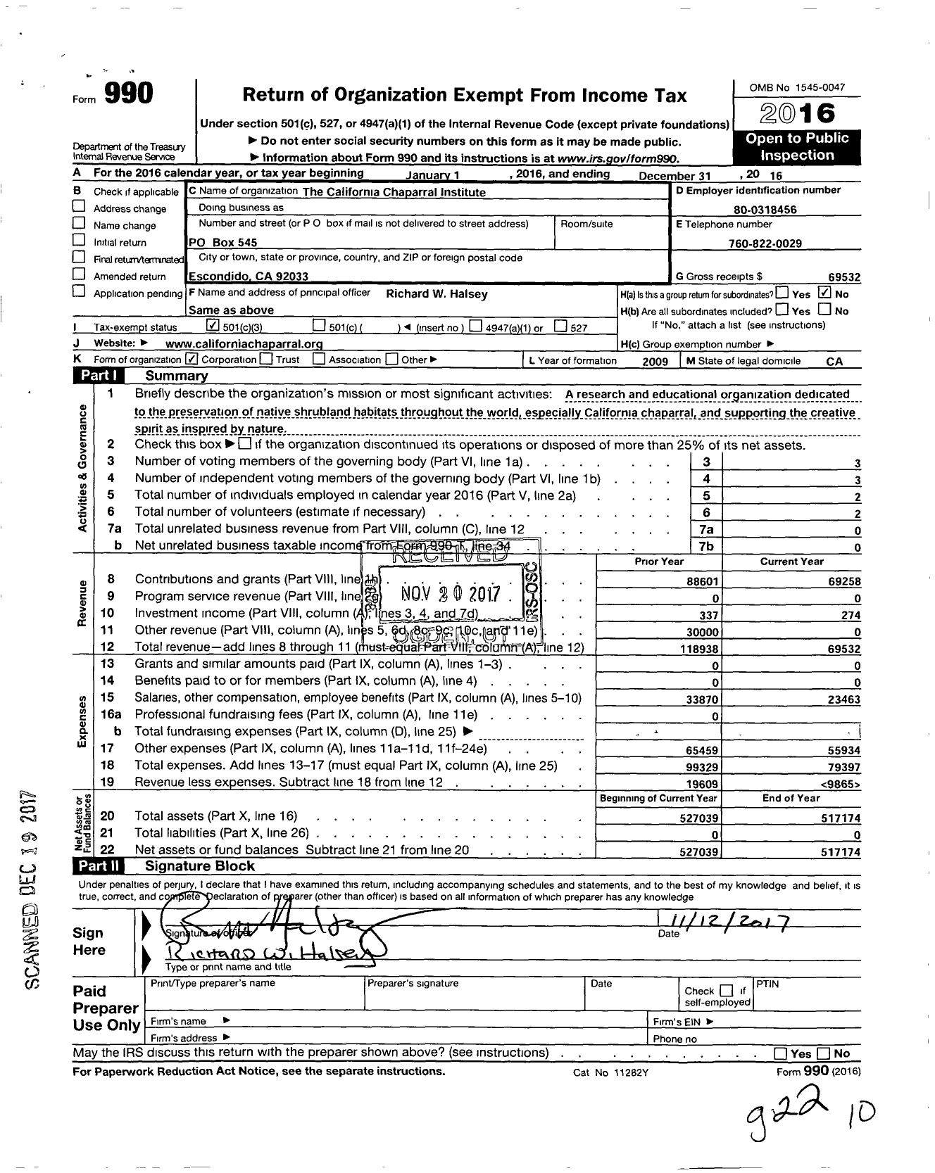 Image of first page of 2016 Form 990 for The California Chaparral Institute