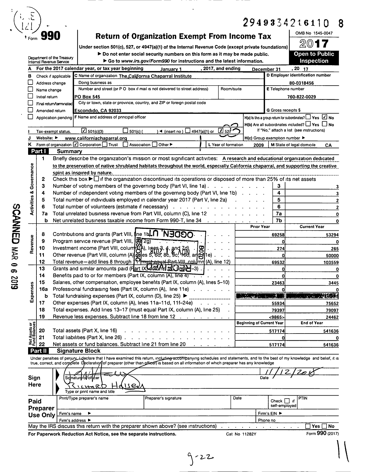 Image of first page of 2017 Form 990 for The California Chaparral Institute