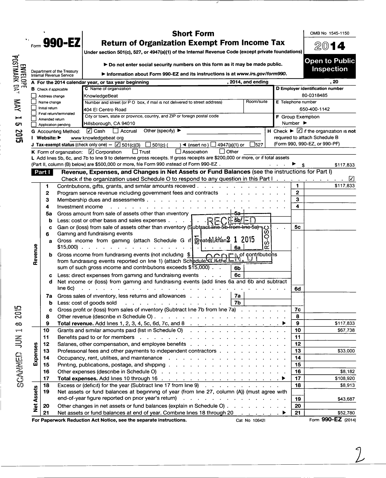 Image of first page of 2014 Form 990EZ for Knowledgebeat