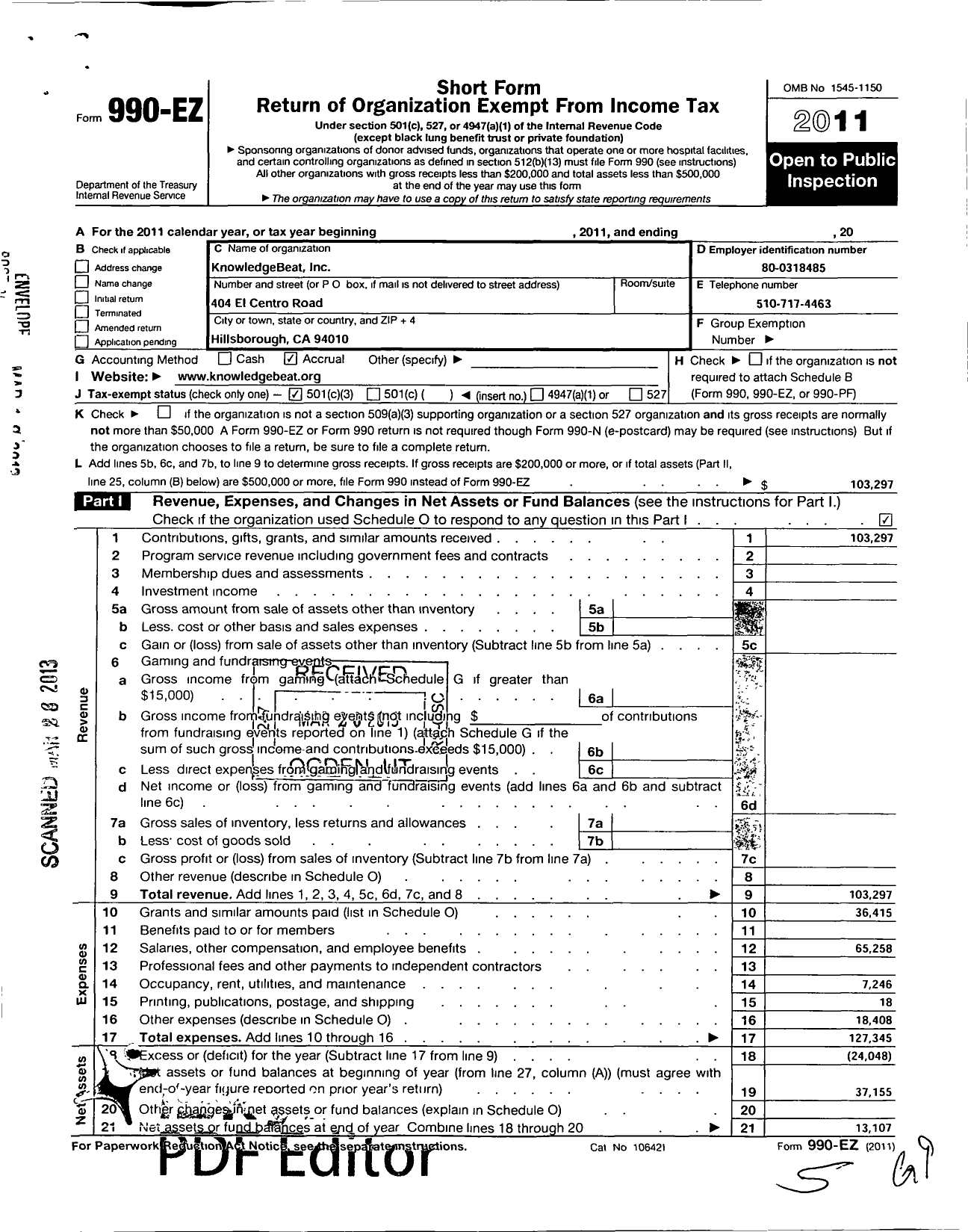 Image of first page of 2011 Form 990EZ for Knowledgebeat