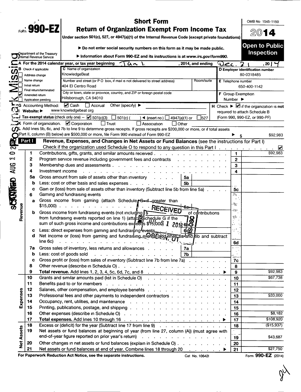 Image of first page of 2014 Form 990EZ for Knowledgebeat