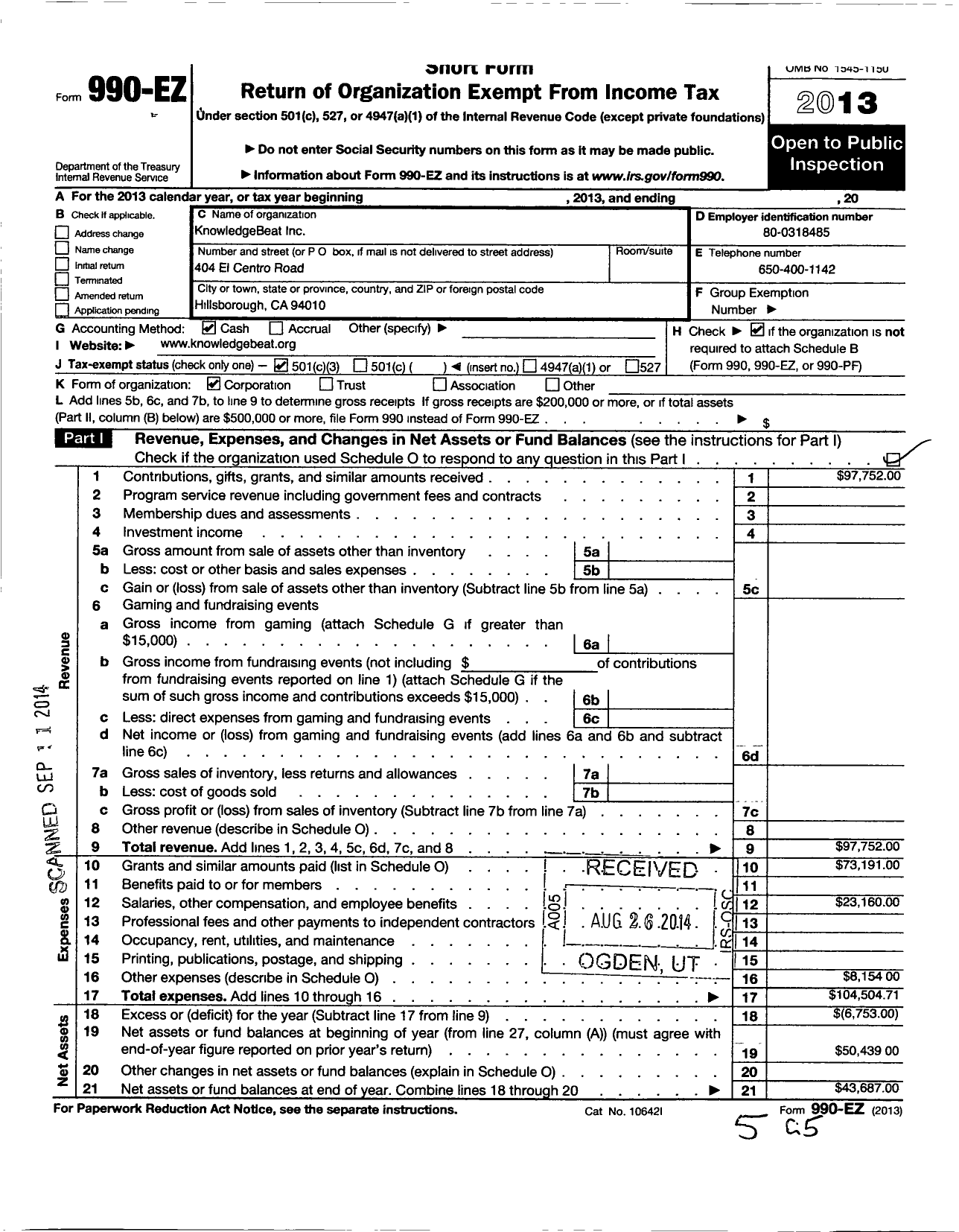 Image of first page of 2013 Form 990EZ for Knowledgebeat