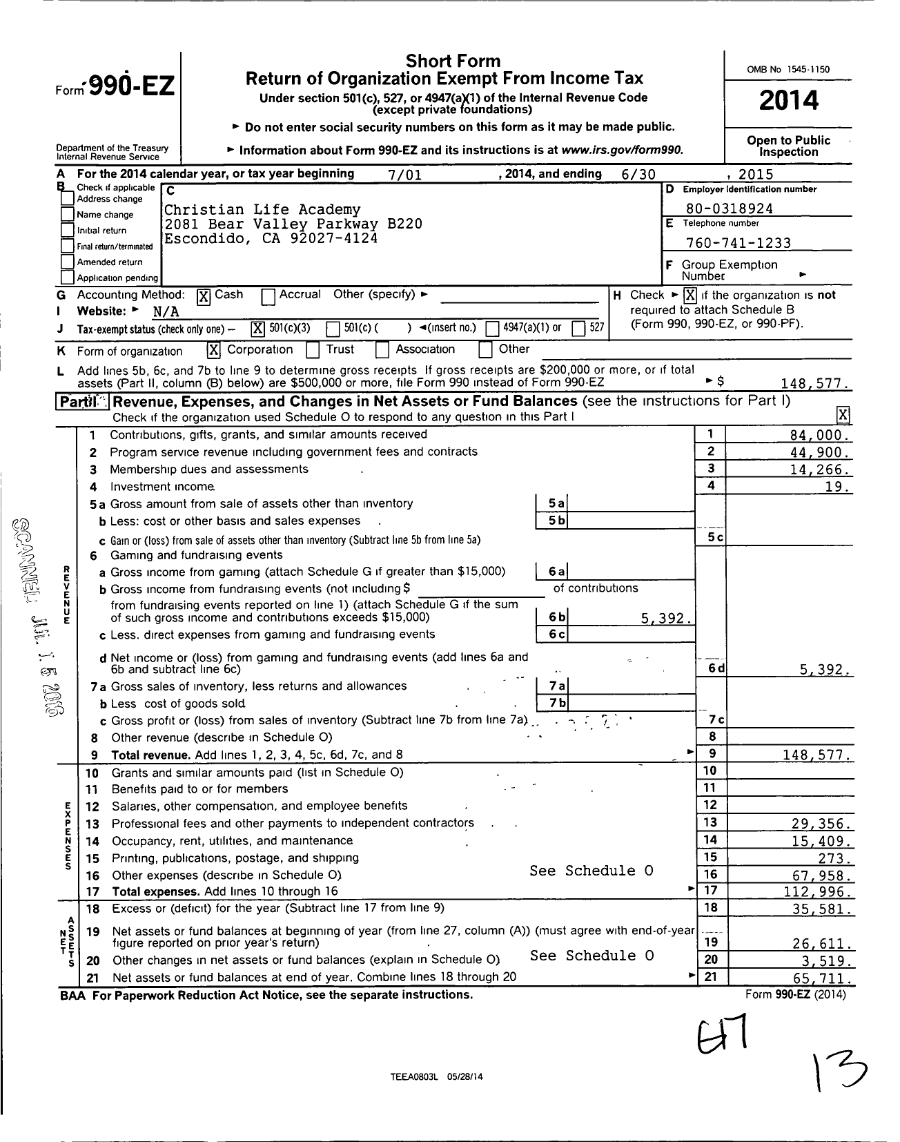 Image of first page of 2014 Form 990EZ for Christian Life Academy