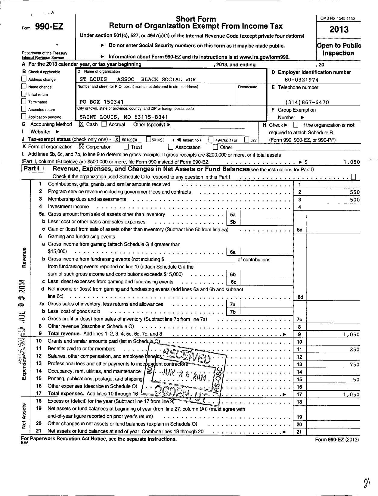 Image of first page of 2013 Form 990EZ for St Louis Chapter of the National Association of Black Social Workers