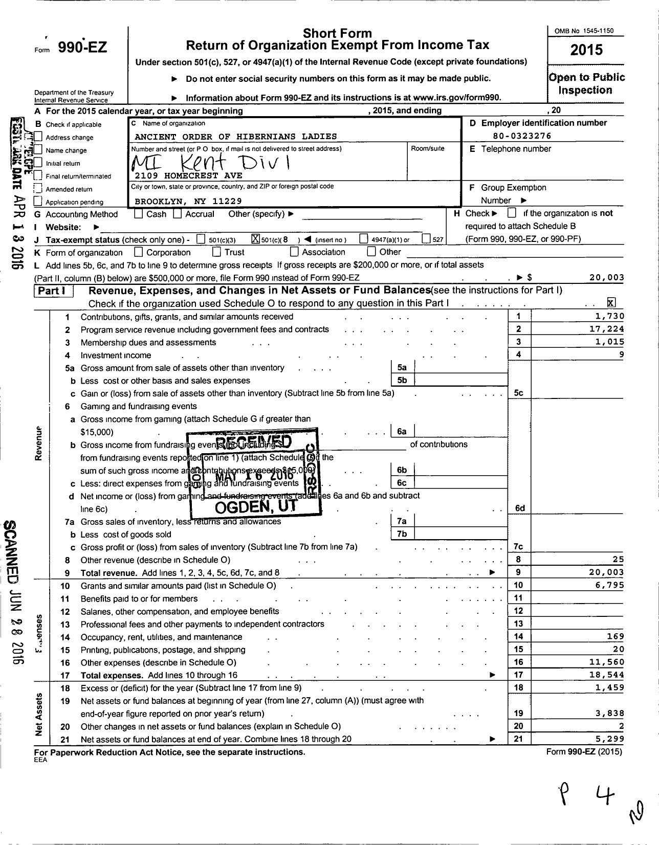 Image of first page of 2015 Form 990EO for Ancient Order of Hibernians Ladies / Mi Kent Divi