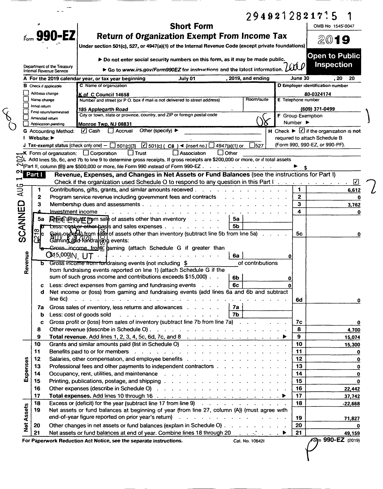 Image of first page of 2019 Form 990EO for Knights of Columbus - 14658 Nativity of Our Lord Council