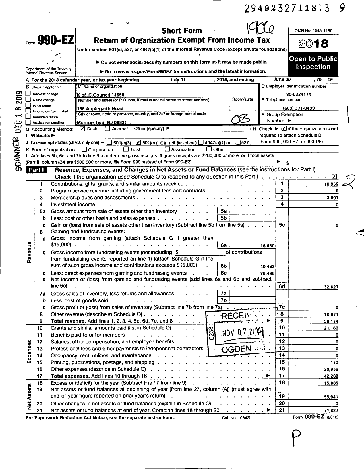 Image of first page of 2018 Form 990EO for Knights of Columbus - 14658 Nativity of Our Lord Council