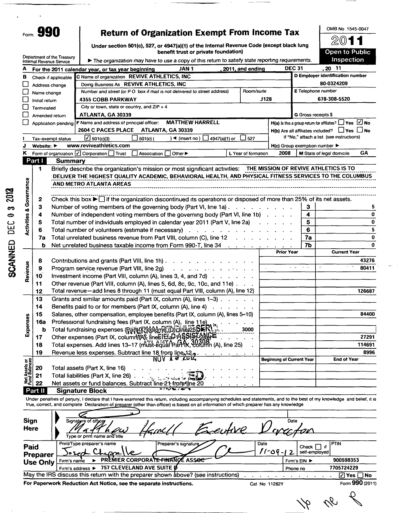 Image of first page of 2011 Form 990 for Revive Athletics