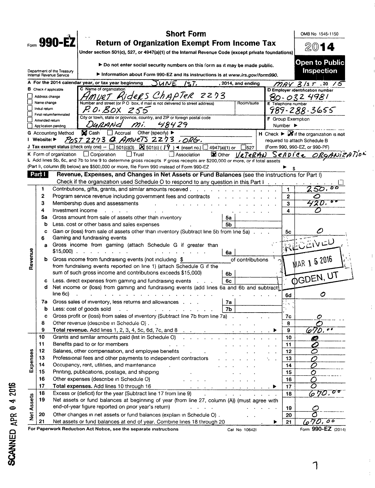 Image of first page of 2014 Form 990EO for Amvets - 2273 Mi