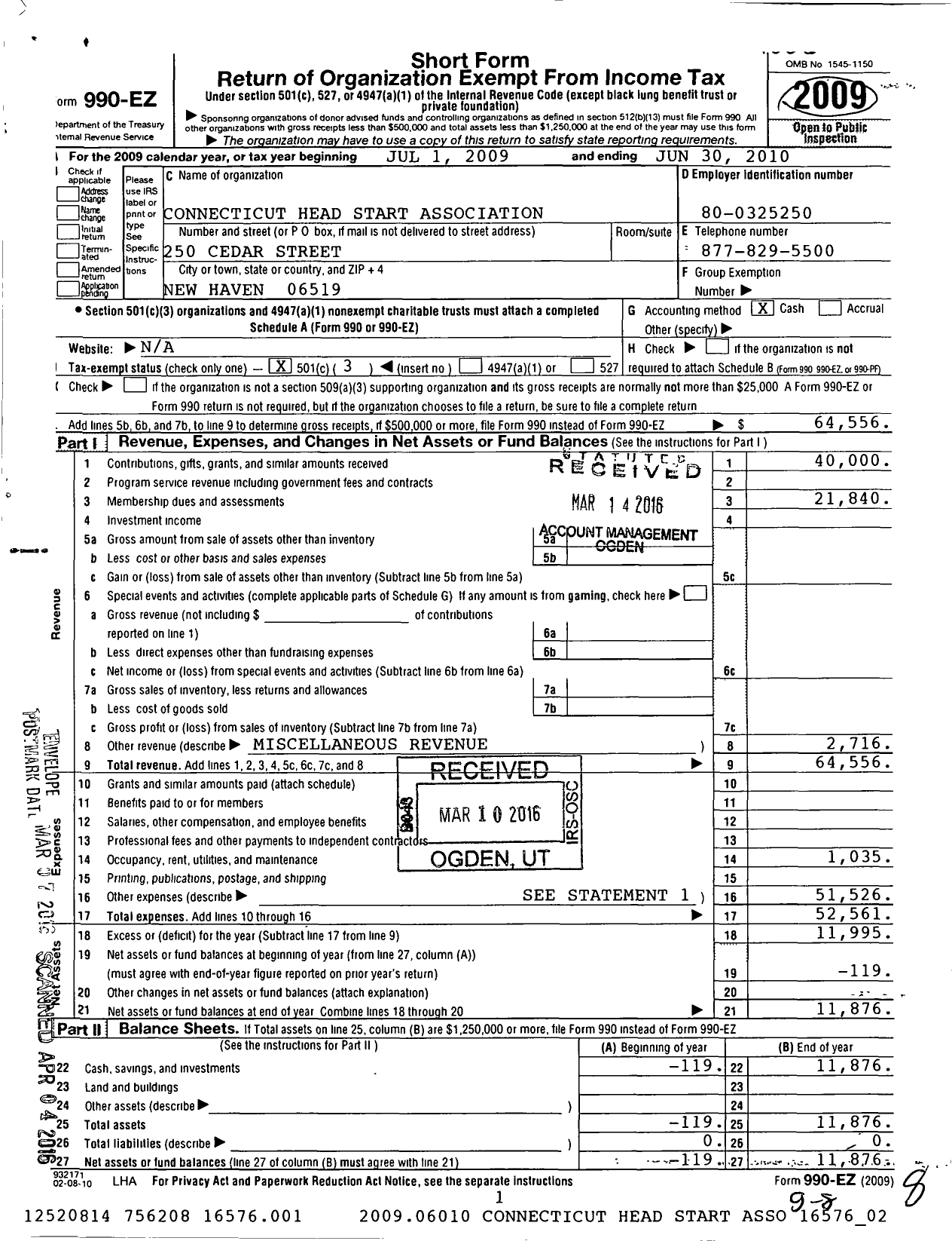 Image of first page of 2009 Form 990EZ for Connecticut Head Start Association