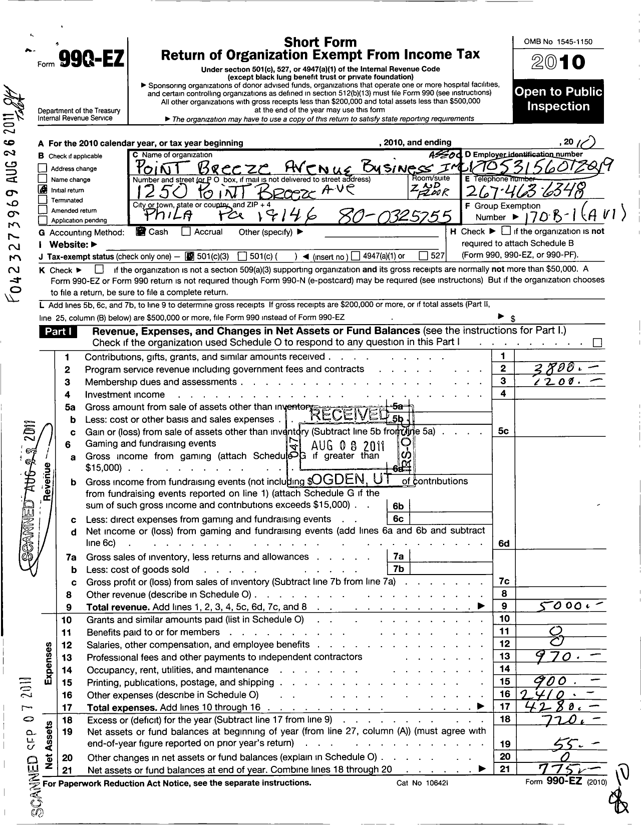 Image of first page of 2010 Form 990EZ for Point Breeze Avenue Business Association