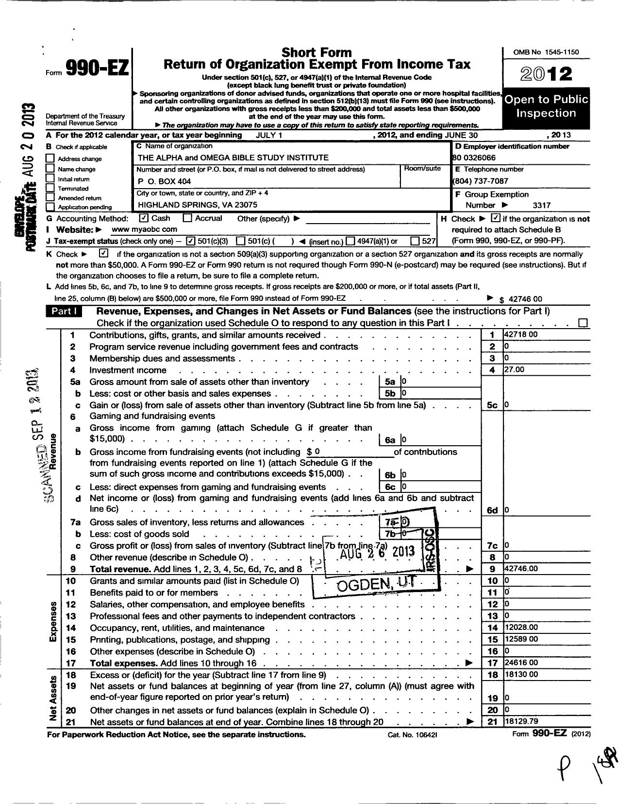 Image of first page of 2012 Form 990EZ for Alpha and Omega Bible Study Institute