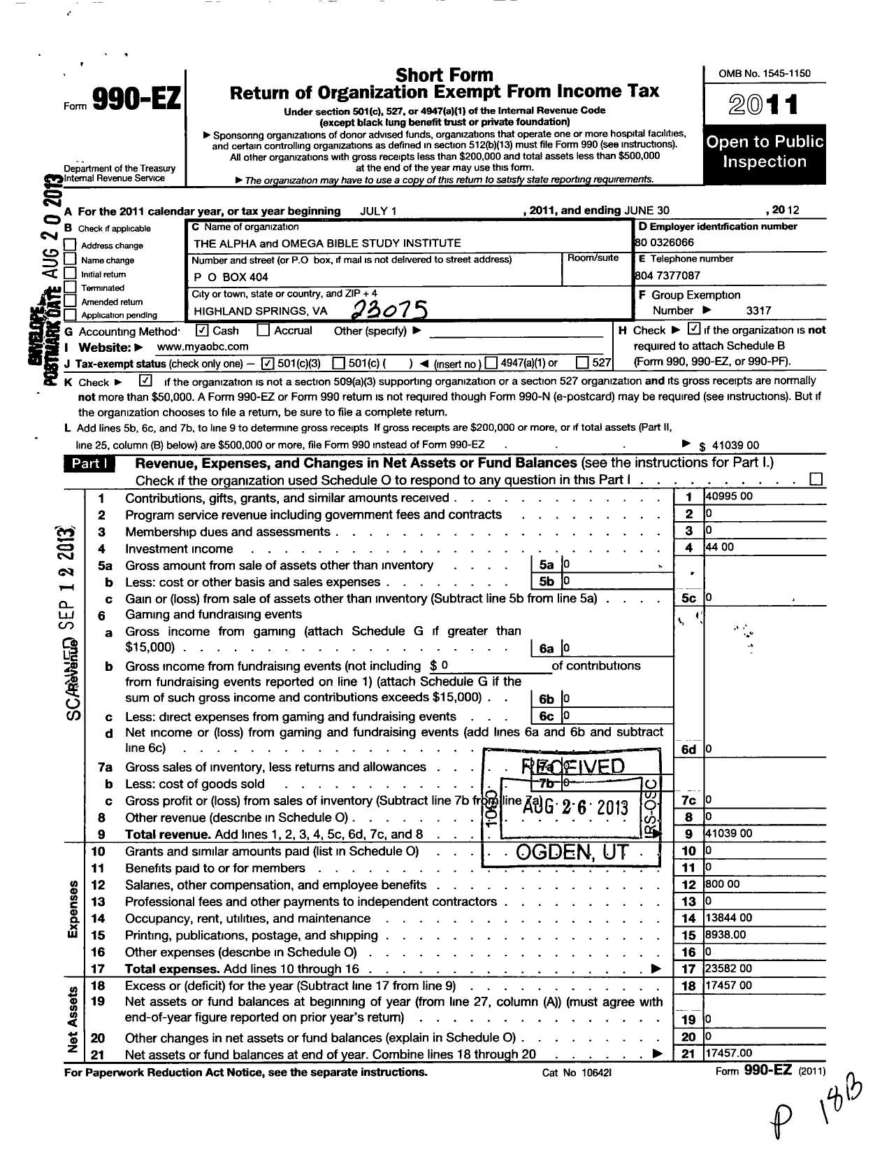 Image of first page of 2011 Form 990EZ for Alpha and Omega Bible Study Institute