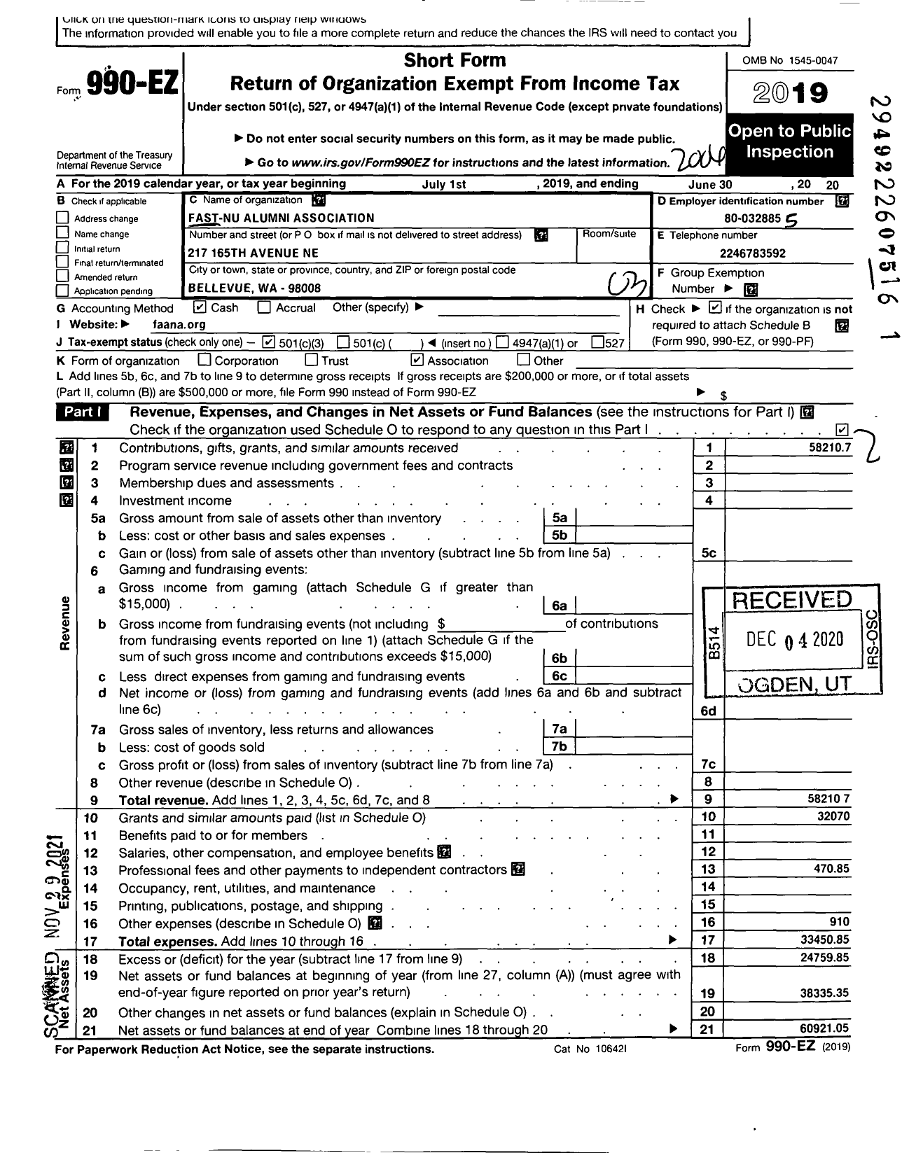 Image of first page of 2019 Form 990EZ for FAST-NU Alumni Association