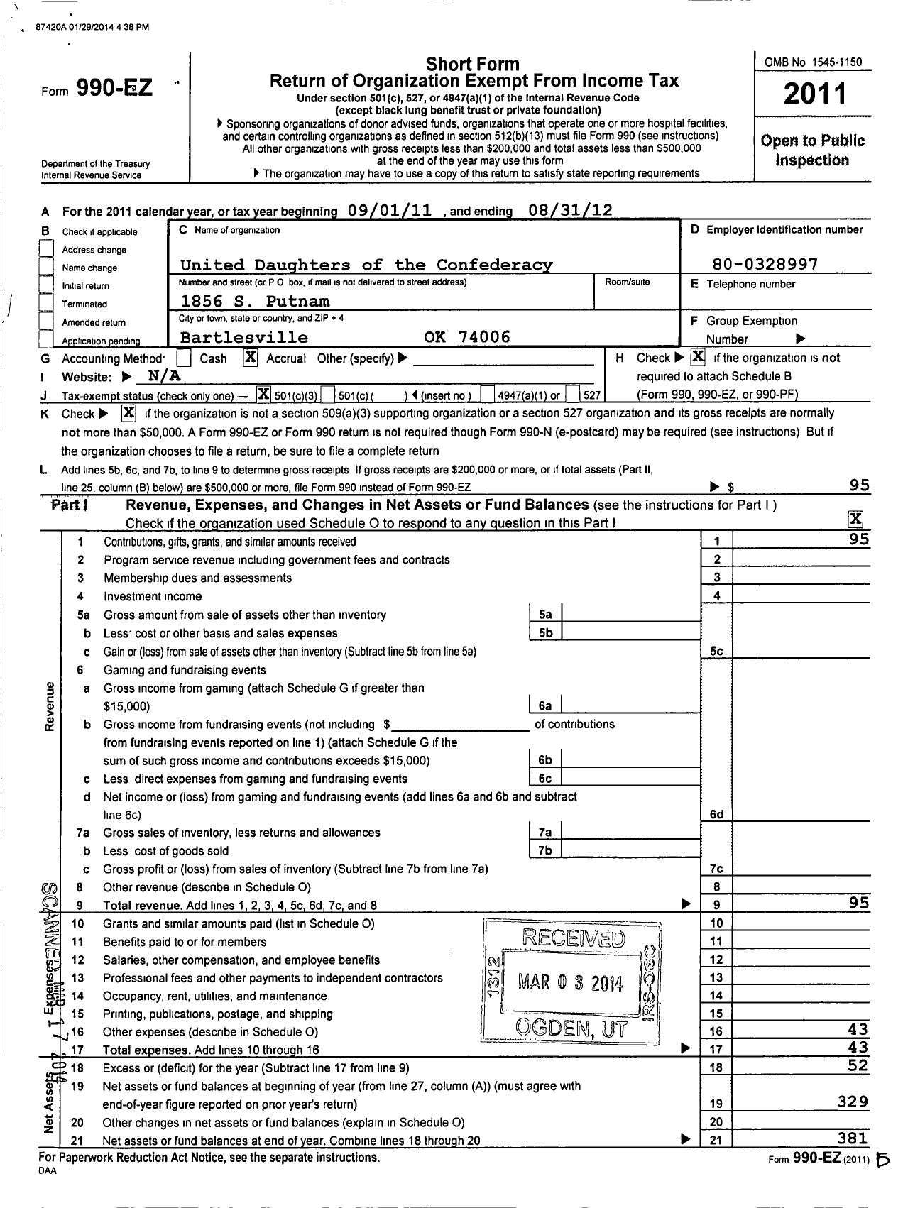 Image of first page of 2011 Form 990EZ for United Daughters of the Confederacy - Great Great Granddaughters Club Ok