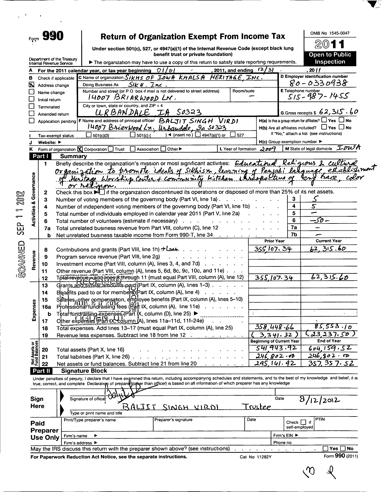 Image of first page of 2011 Form 990O for Sikhs of Iowa Khalsa Heritage