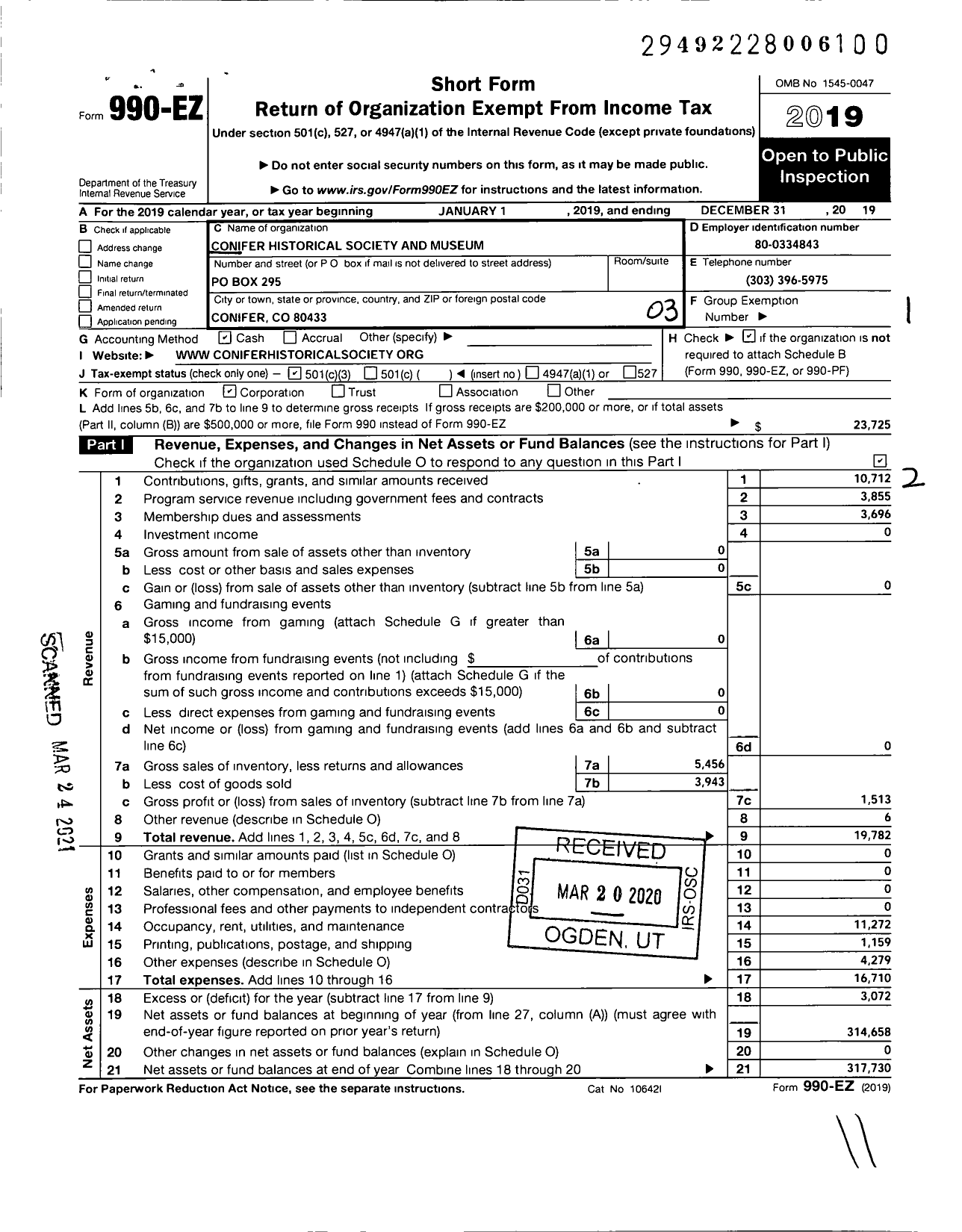 Image of first page of 2019 Form 990EZ for Conifer Historical Society and Museum