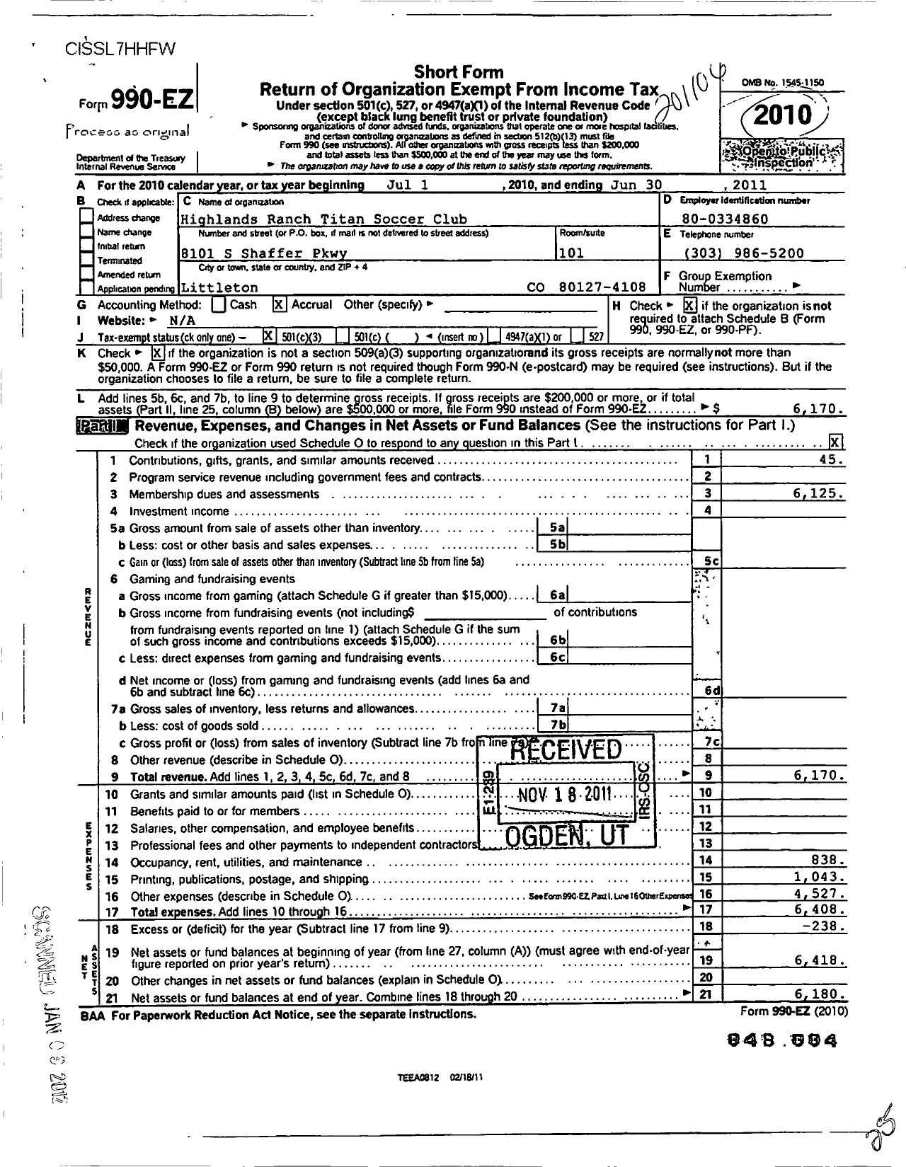 Image of first page of 2010 Form 990EZ for Highlands Ranch Titan Soccer Club