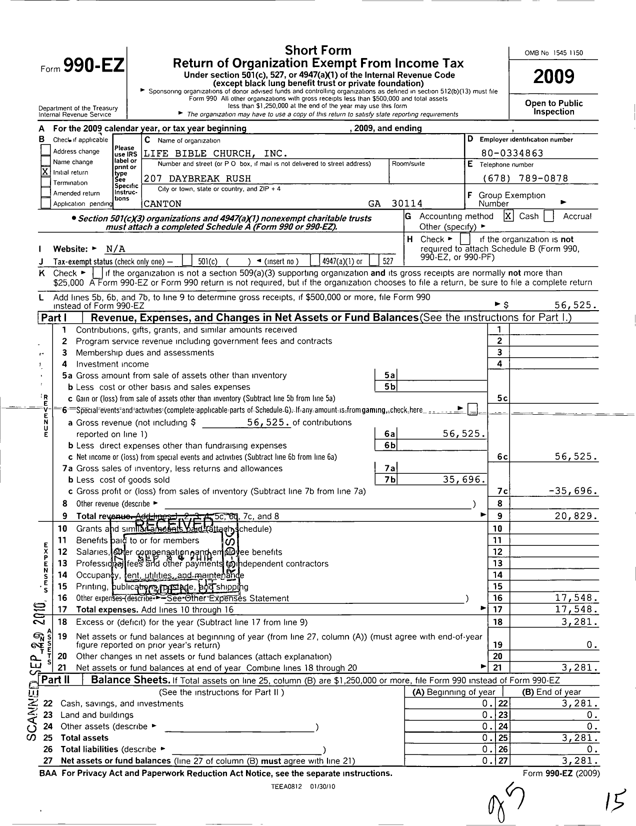 Image of first page of 2009 Form 990EO for Life Bible Church