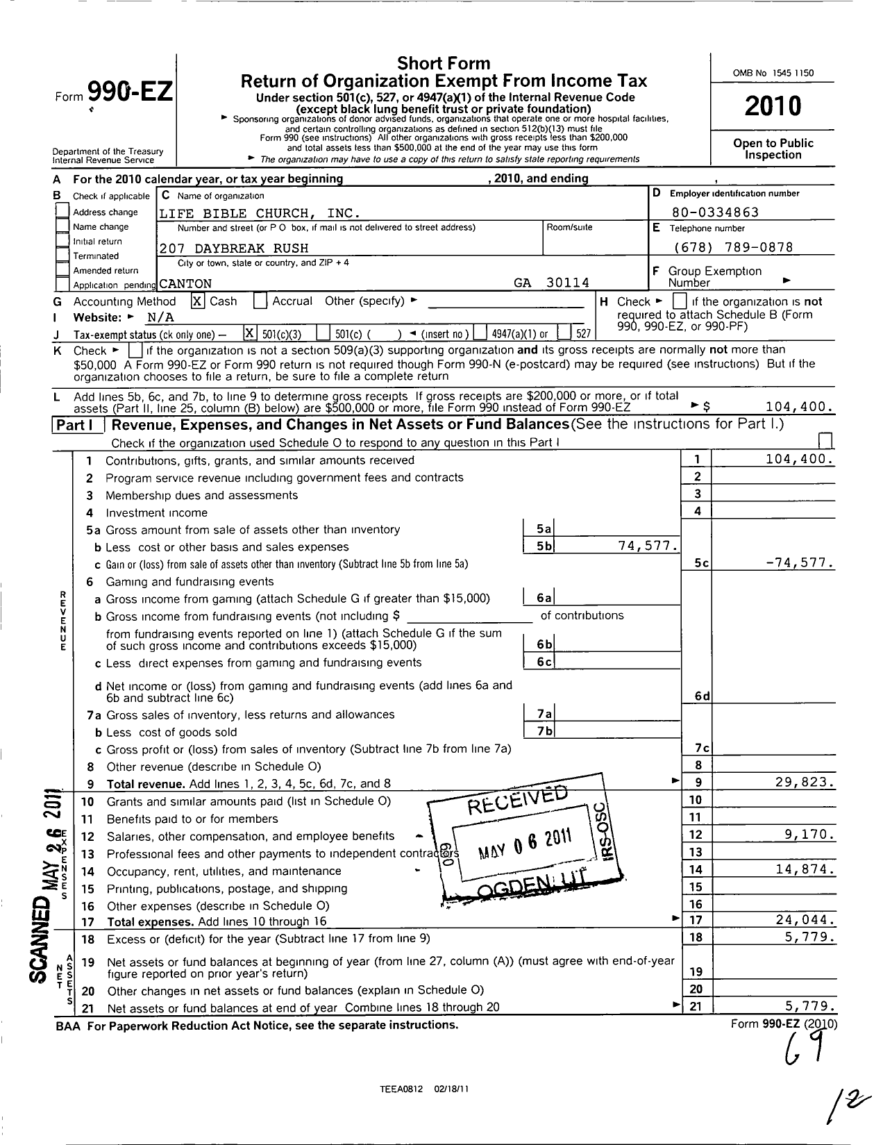 Image of first page of 2010 Form 990EZ for Life Bible Church