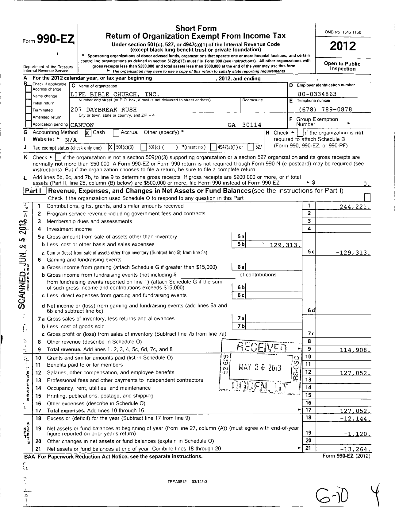 Image of first page of 2012 Form 990EZ for Life Bible Church