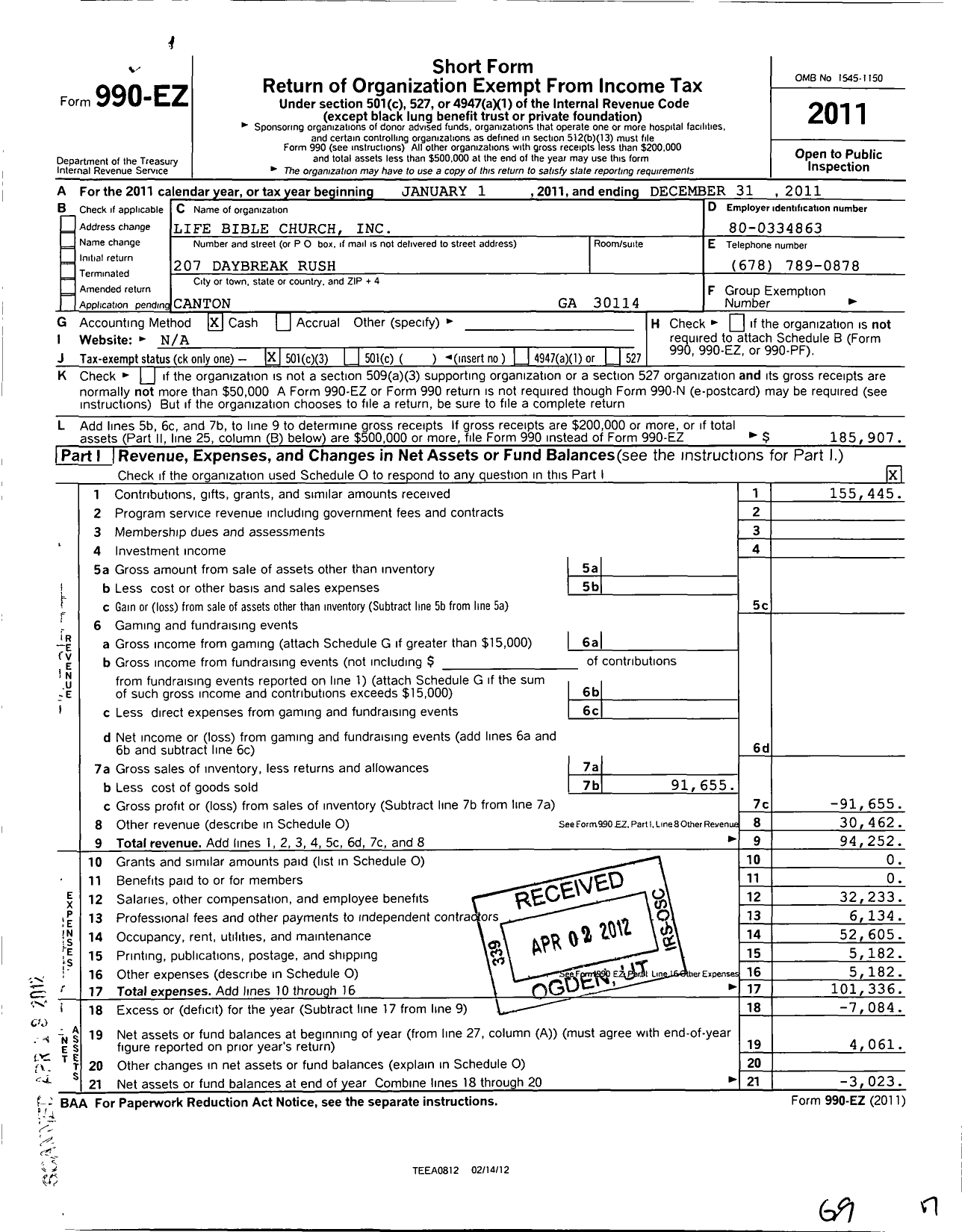 Image of first page of 2011 Form 990EZ for Life Bible Church