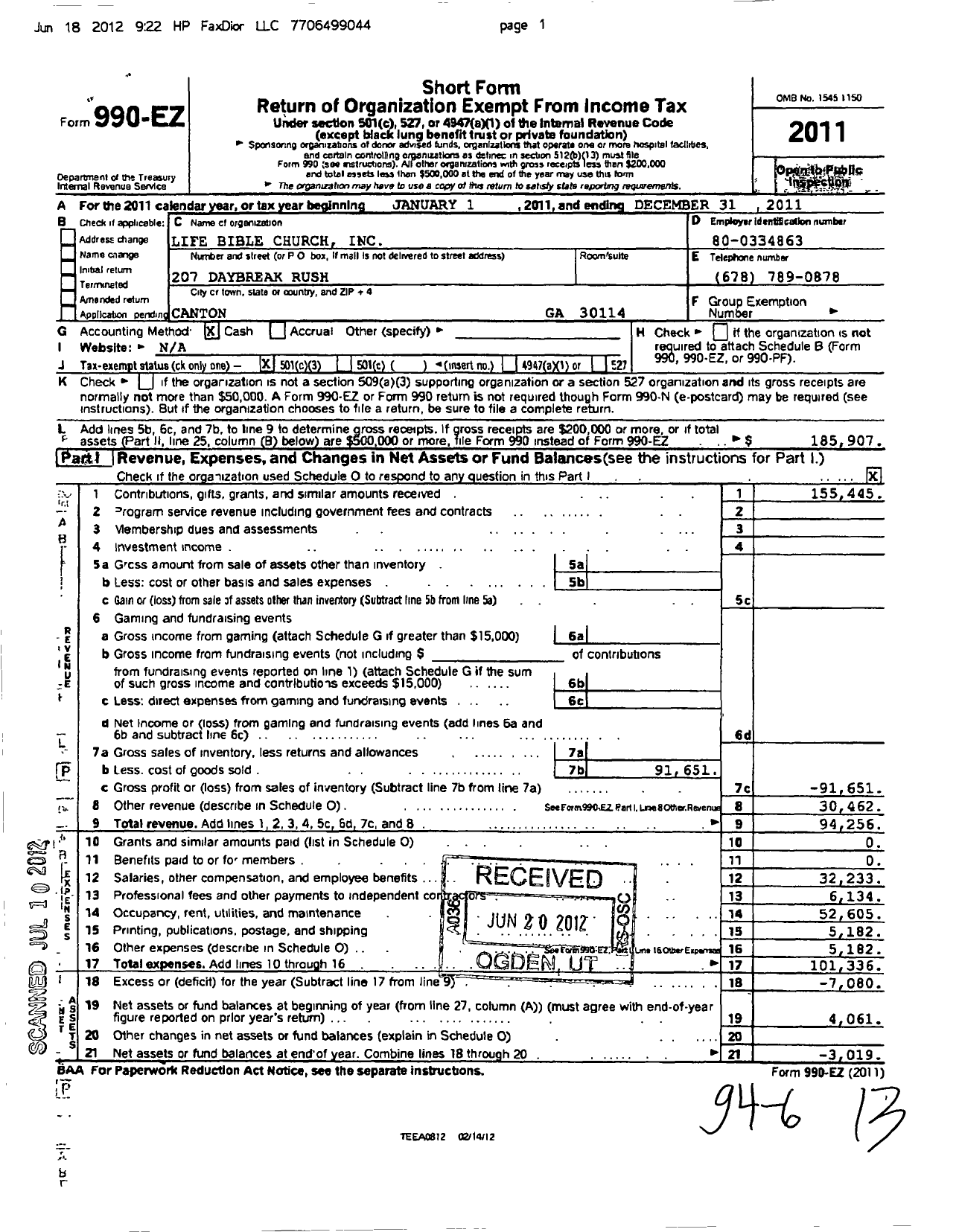 Image of first page of 2011 Form 990EZ for Life Bible Church