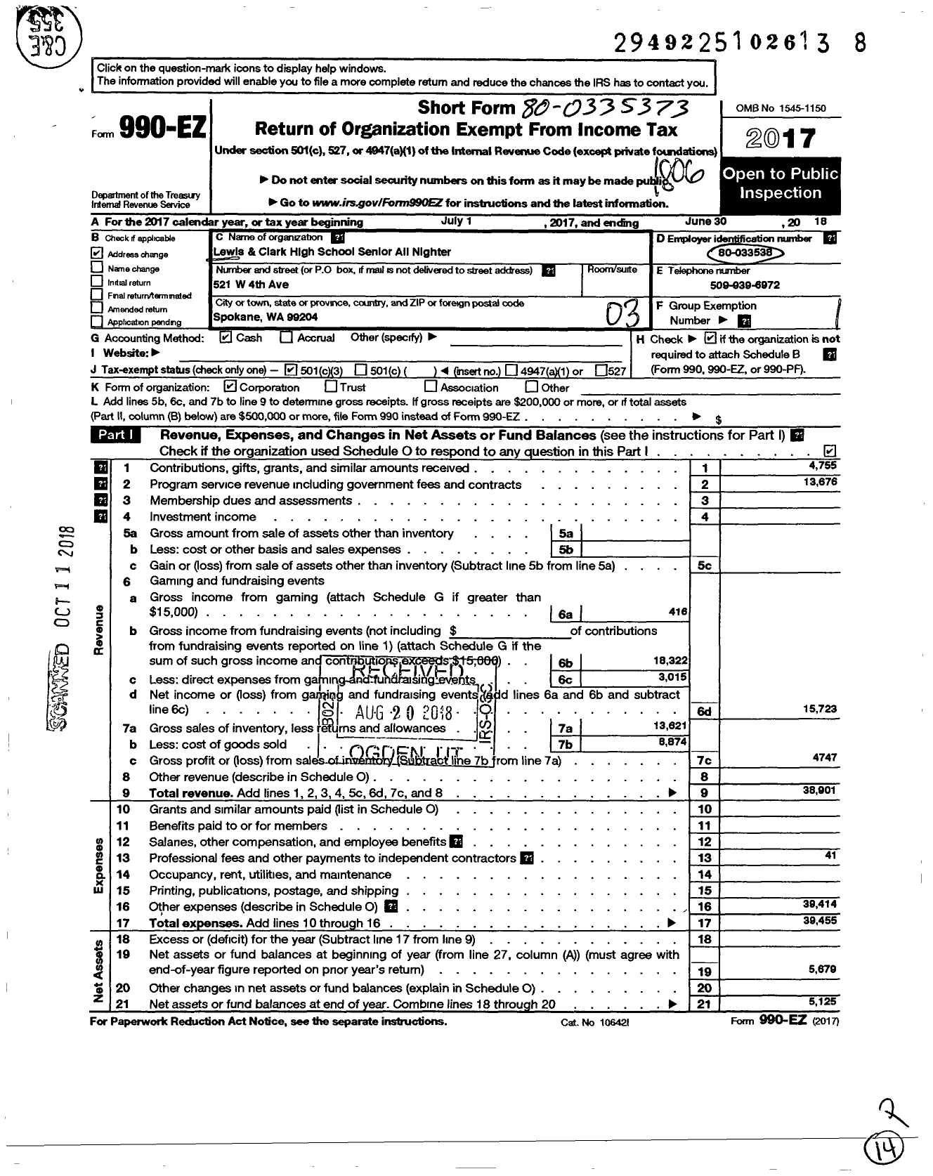 Image of first page of 2017 Form 990EZ for Lewis and Clark High School Senior All Nighter