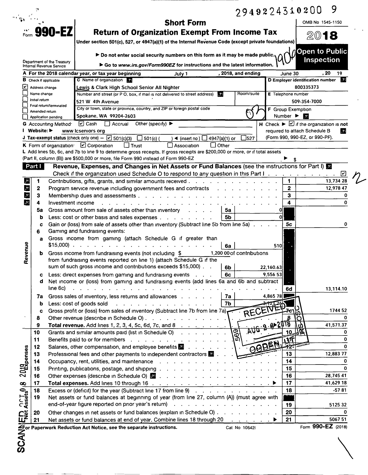 Image of first page of 2018 Form 990EZ for Lewis and Clark High School Senior All Nighter