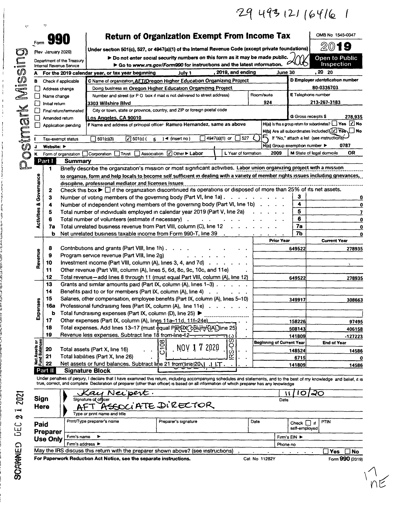 Image of first page of 2019 Form 990O for AMERICAN FEDERATION OF TEACHERS - Oregon Higher Education Organizing Project