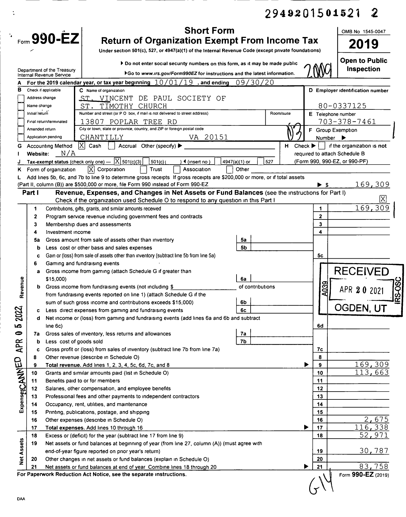 Image of first page of 2019 Form 990EZ for St Vincent de Paul Society of St Timothy Church