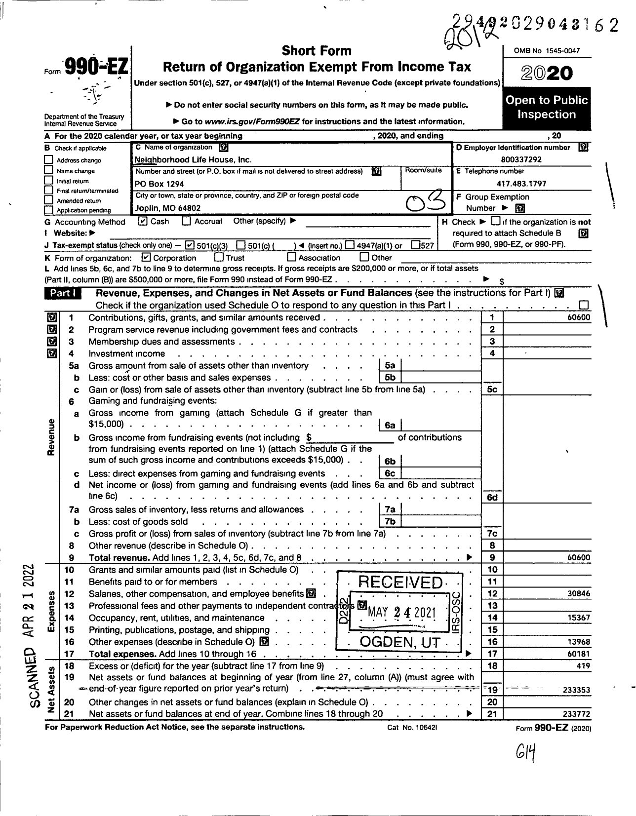 Image of first page of 2020 Form 990EZ for Neighborhood Life House