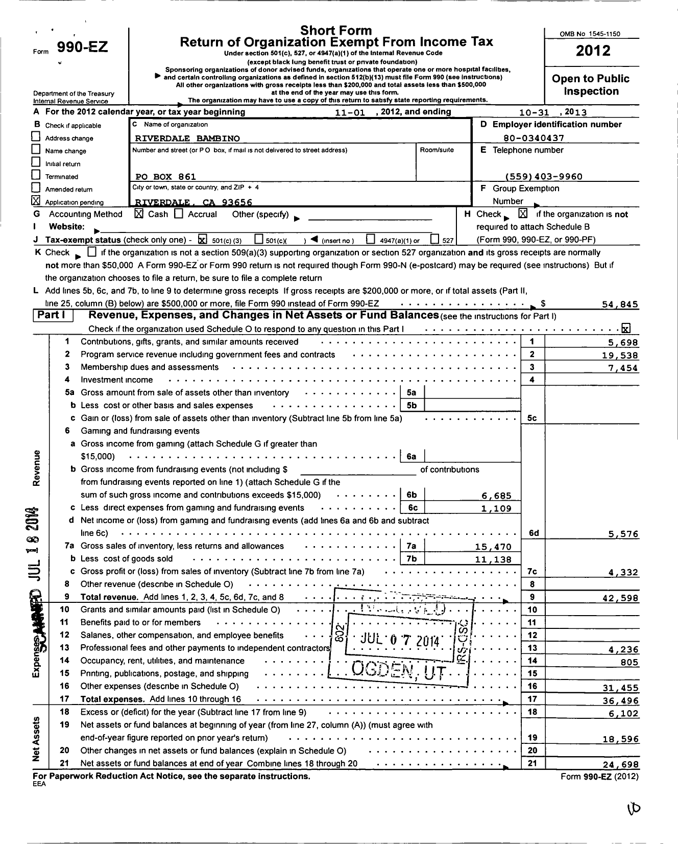 Image of first page of 2012 Form 990EZ for Riverdale Bambino